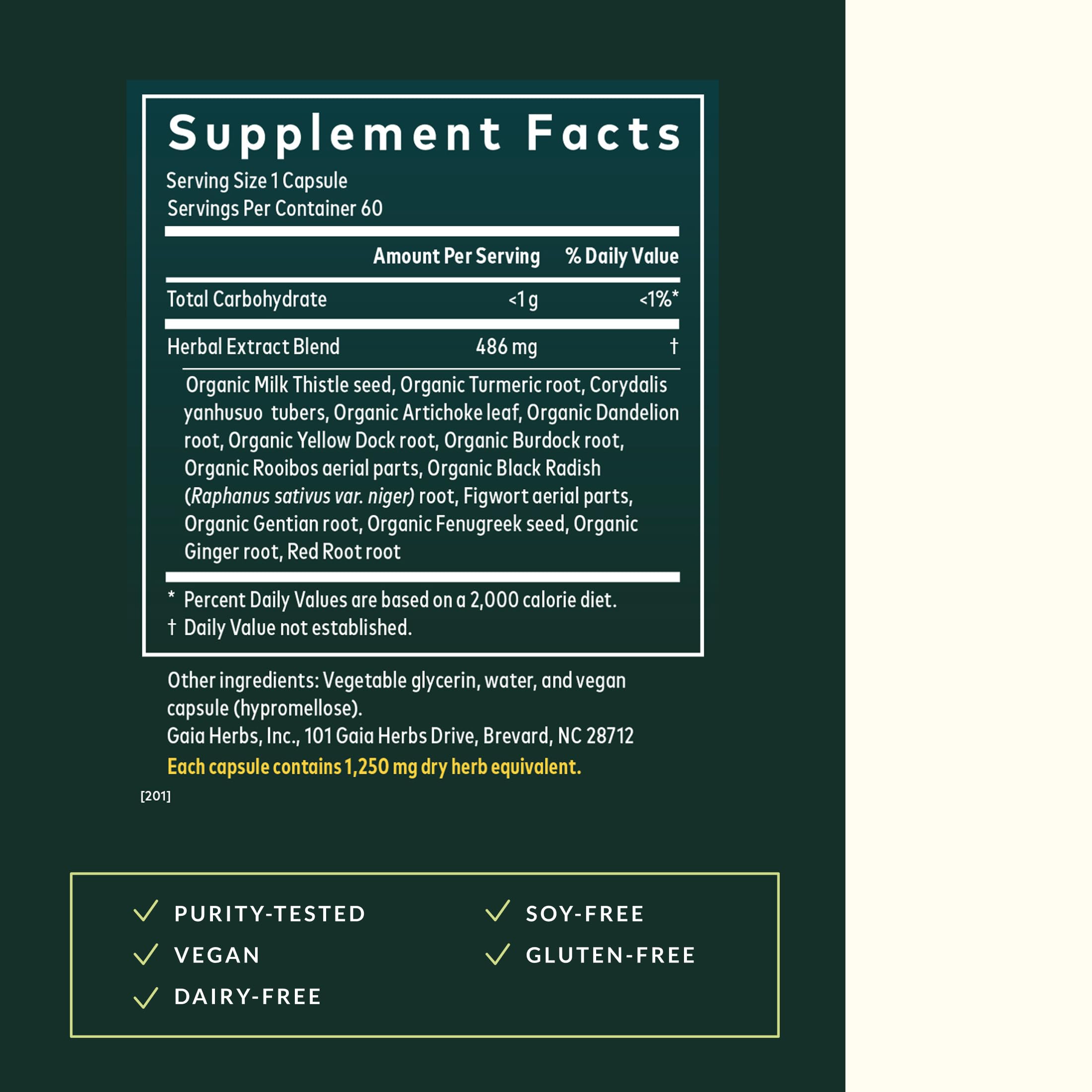 Gaia Herbs Liver Cleanse : étiquette en gros plan avec informations clés.