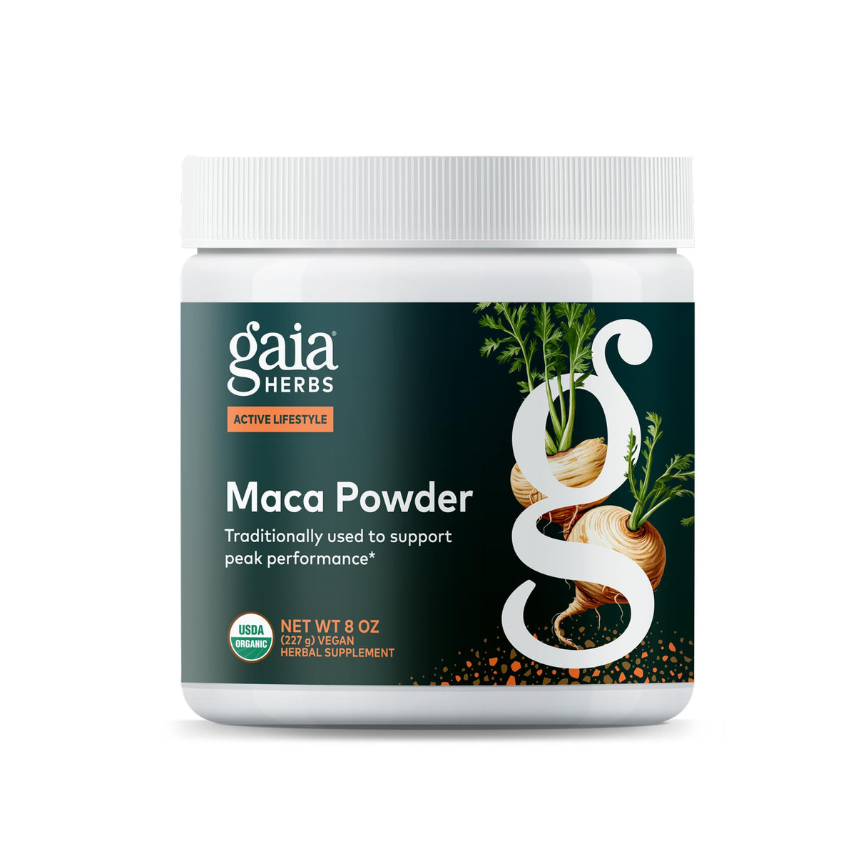Gaia Herbs Maca Poudre, bouteille: énergie naturelle sans caféine pour la journée.