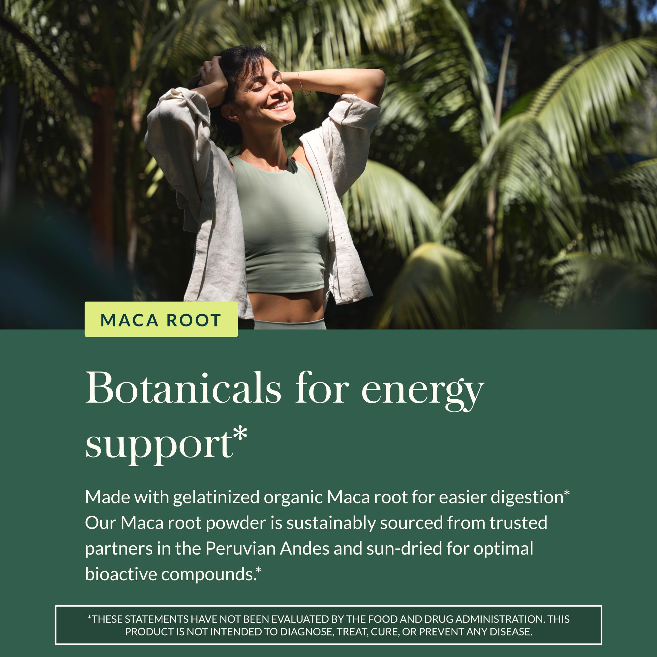 Gaia Herbs Maca Poudre, pureté testée: sans gluten et vegan.