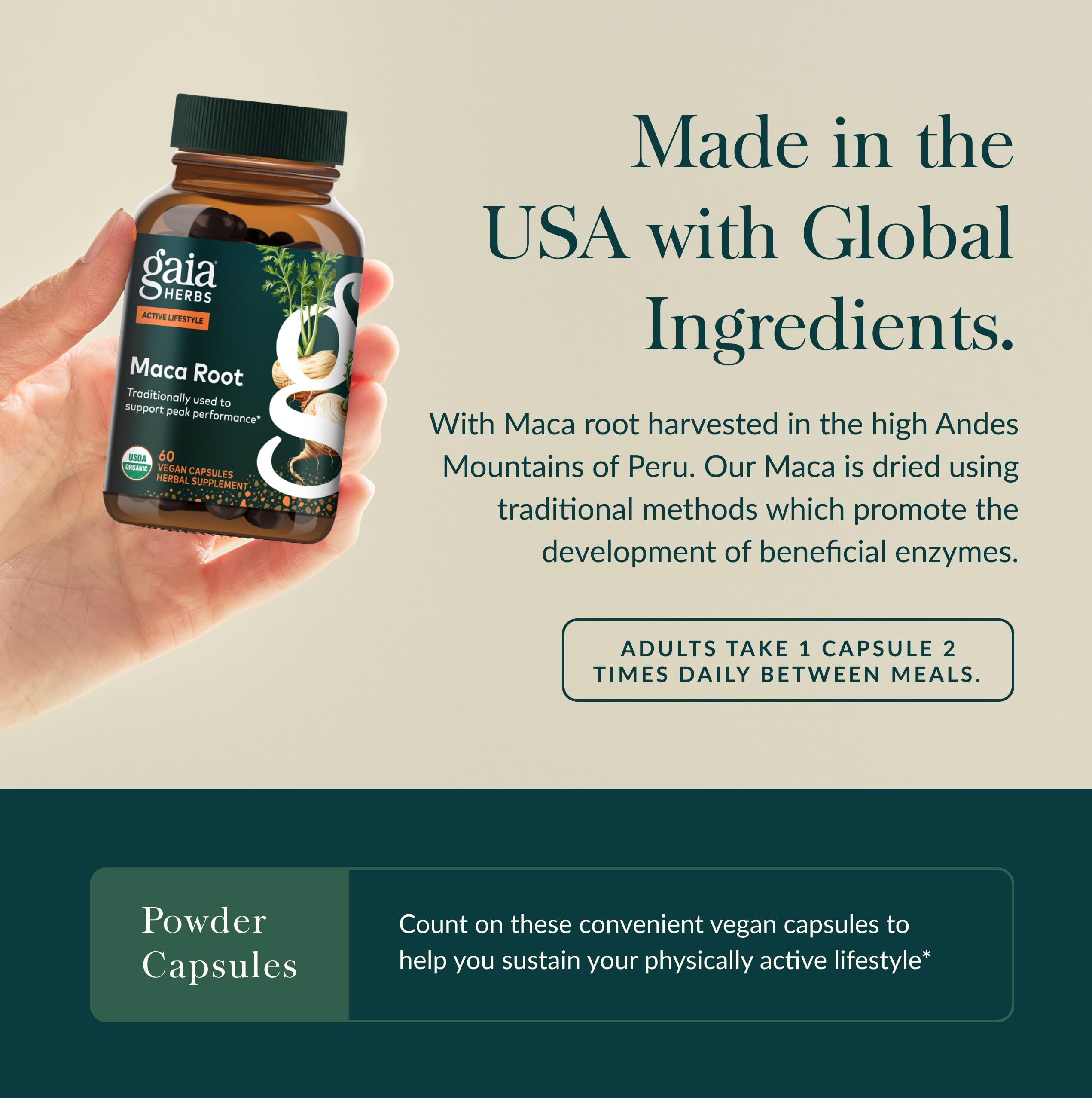 Gaia Herbs Maca Root, produit sans gluten et sans allergènes majeurs