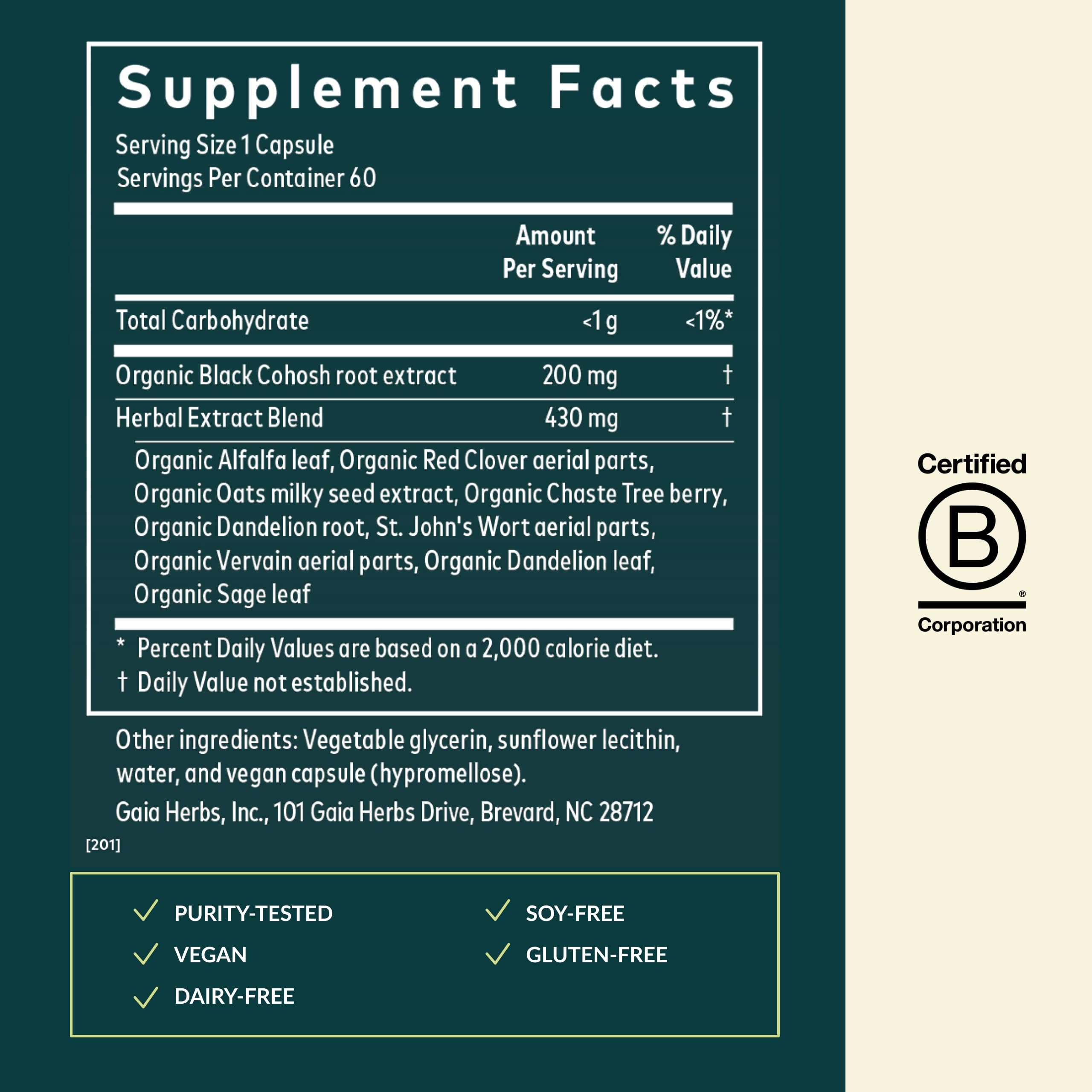 Gaia Herbs Menopause Support Daytime – étiquette claire et informative