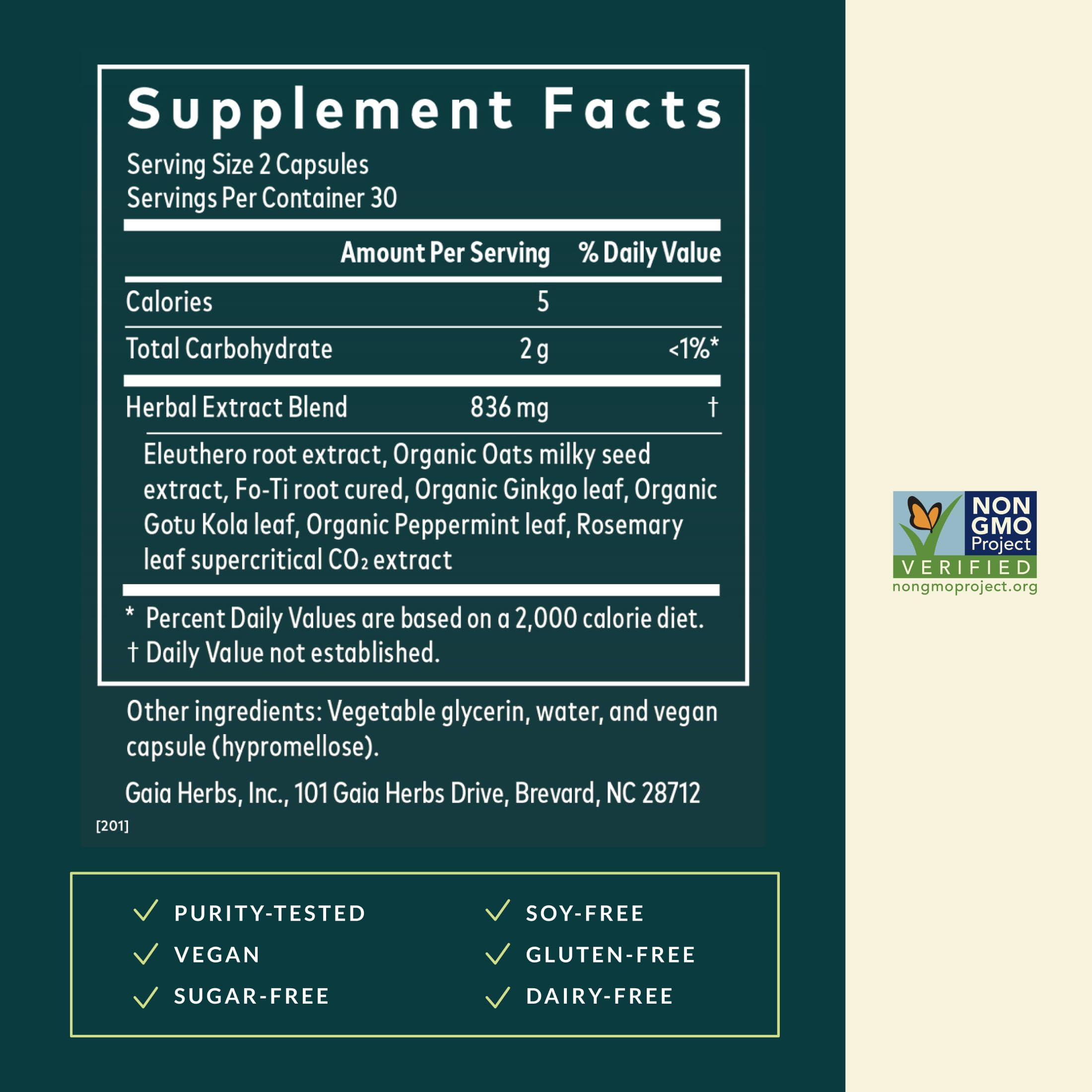 Gaia Herbs – étiquette: présentation claire des informations produit.