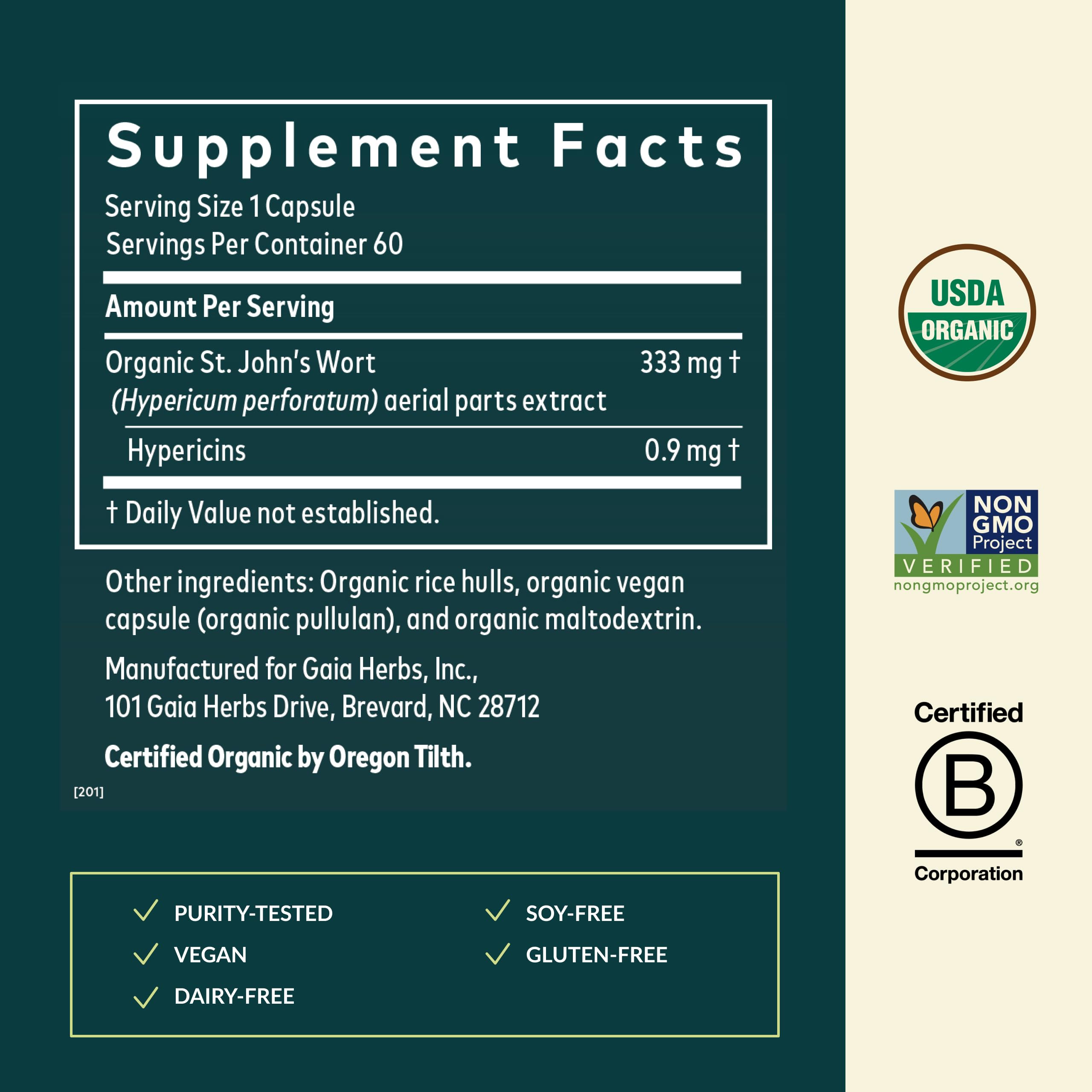 Gaia Herbs Millepertuis: étiquette claire et engagement qualité.