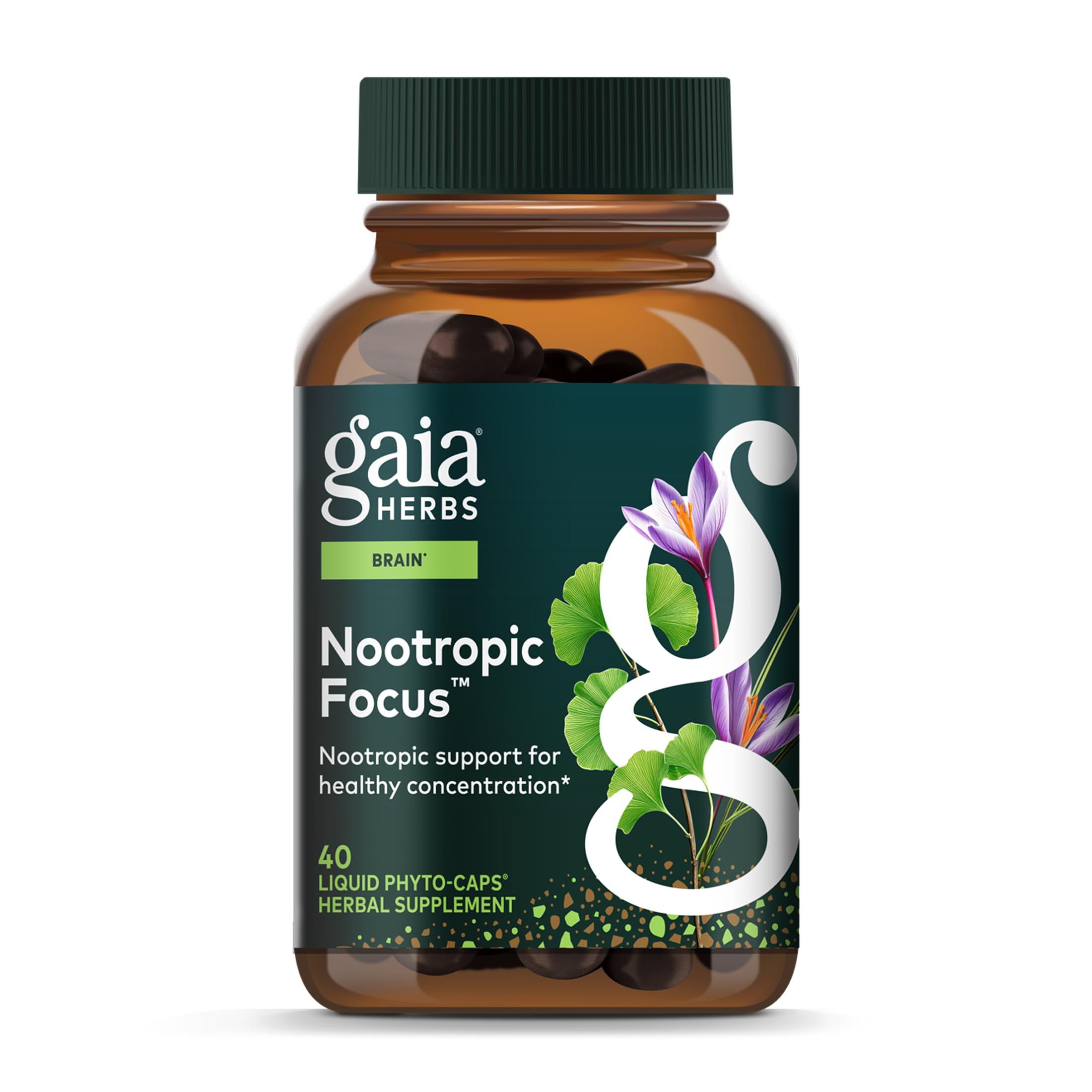 Gaia Herbs Nootropic Focus: capsules visibles pour une concentration potentielle.