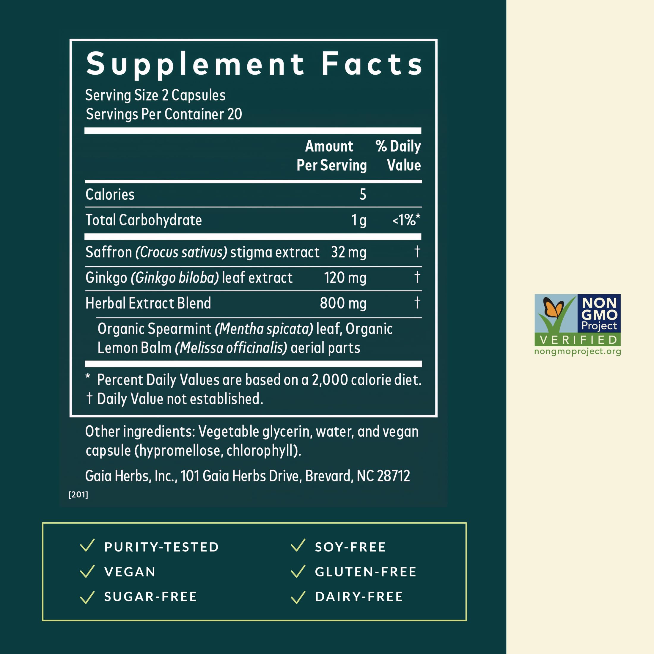 Gaia Herbs Nootropic Focus : etiquette claire, prêt à l'emploi.