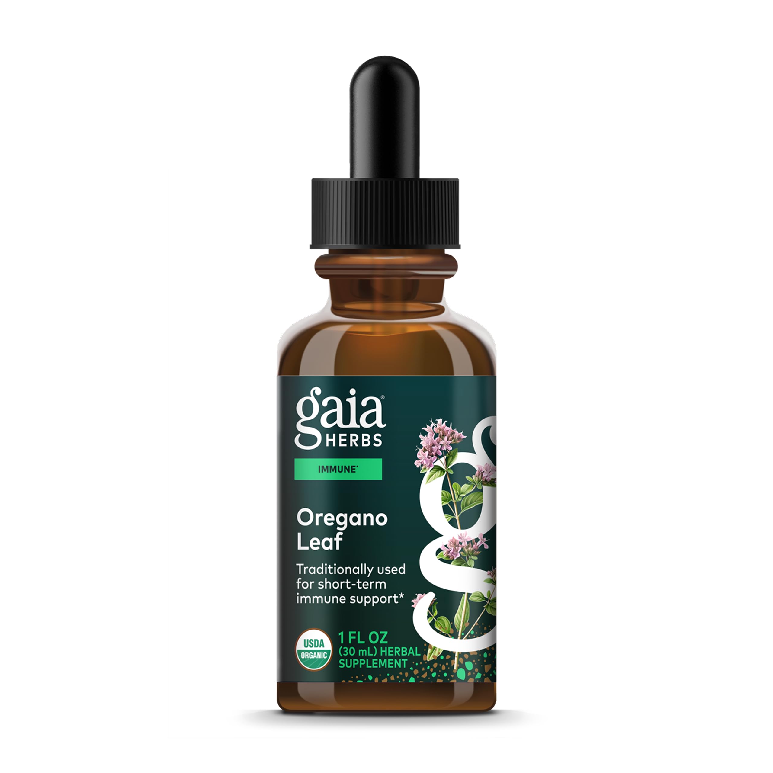 Gaia Herbs Oregano Leaf: bouteille liquide bio avec dose minimale recommandée.