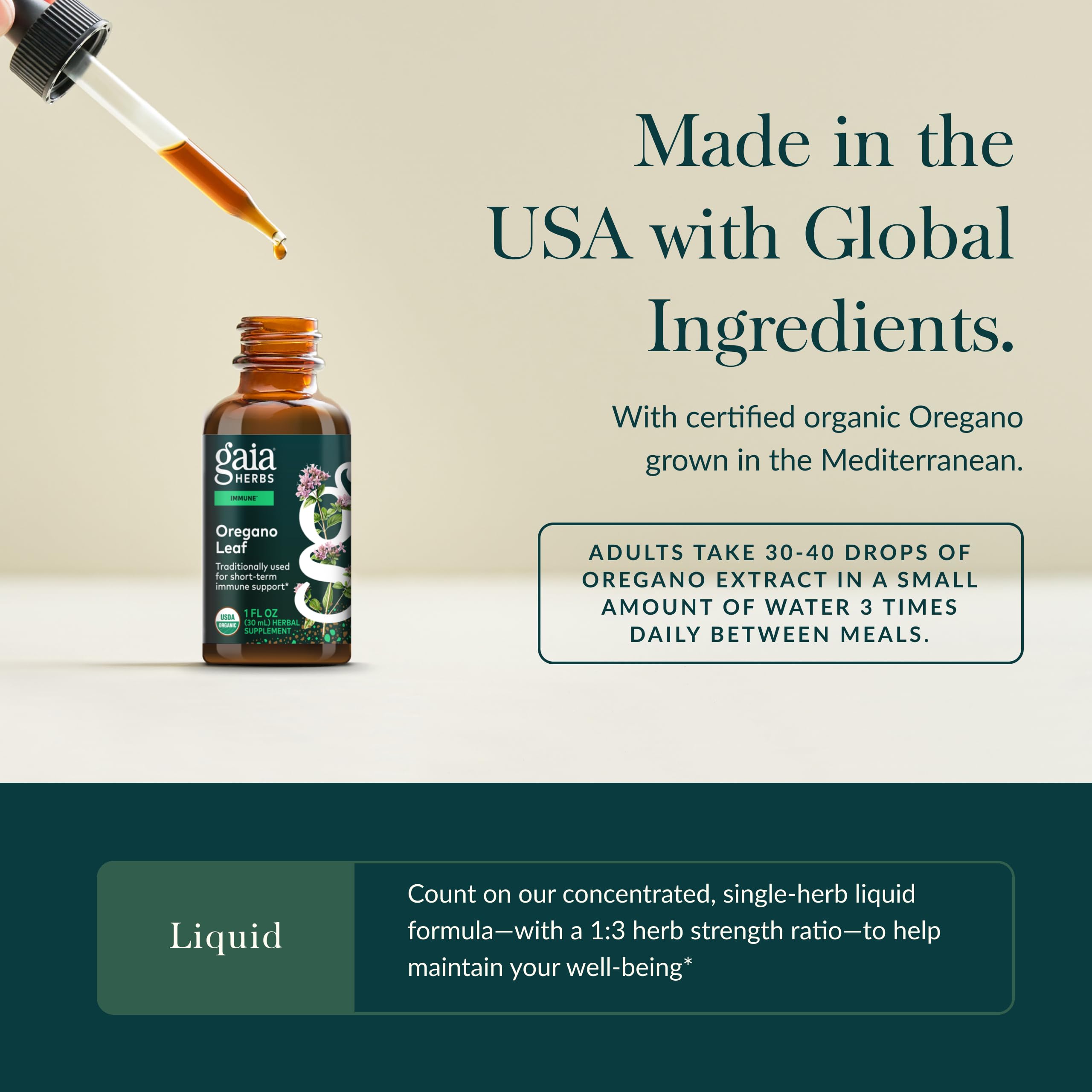 Gaia Herbs Oregano Leaf: pipette pratique pour mesurer une dose exacte.