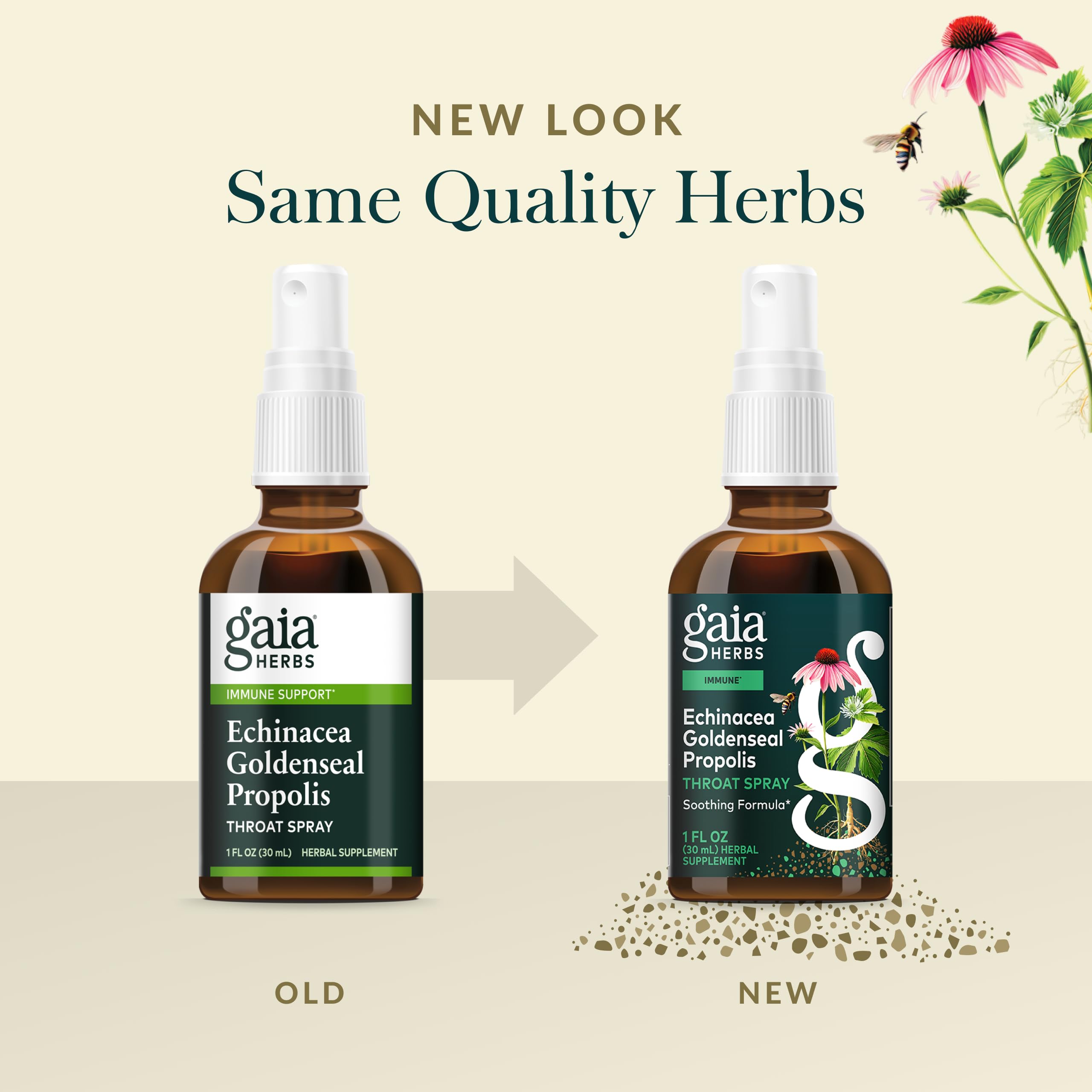 Gaia Herbs Echinacea Goldenseal Propolis Spray, origine-biologique, ingrédients durables.