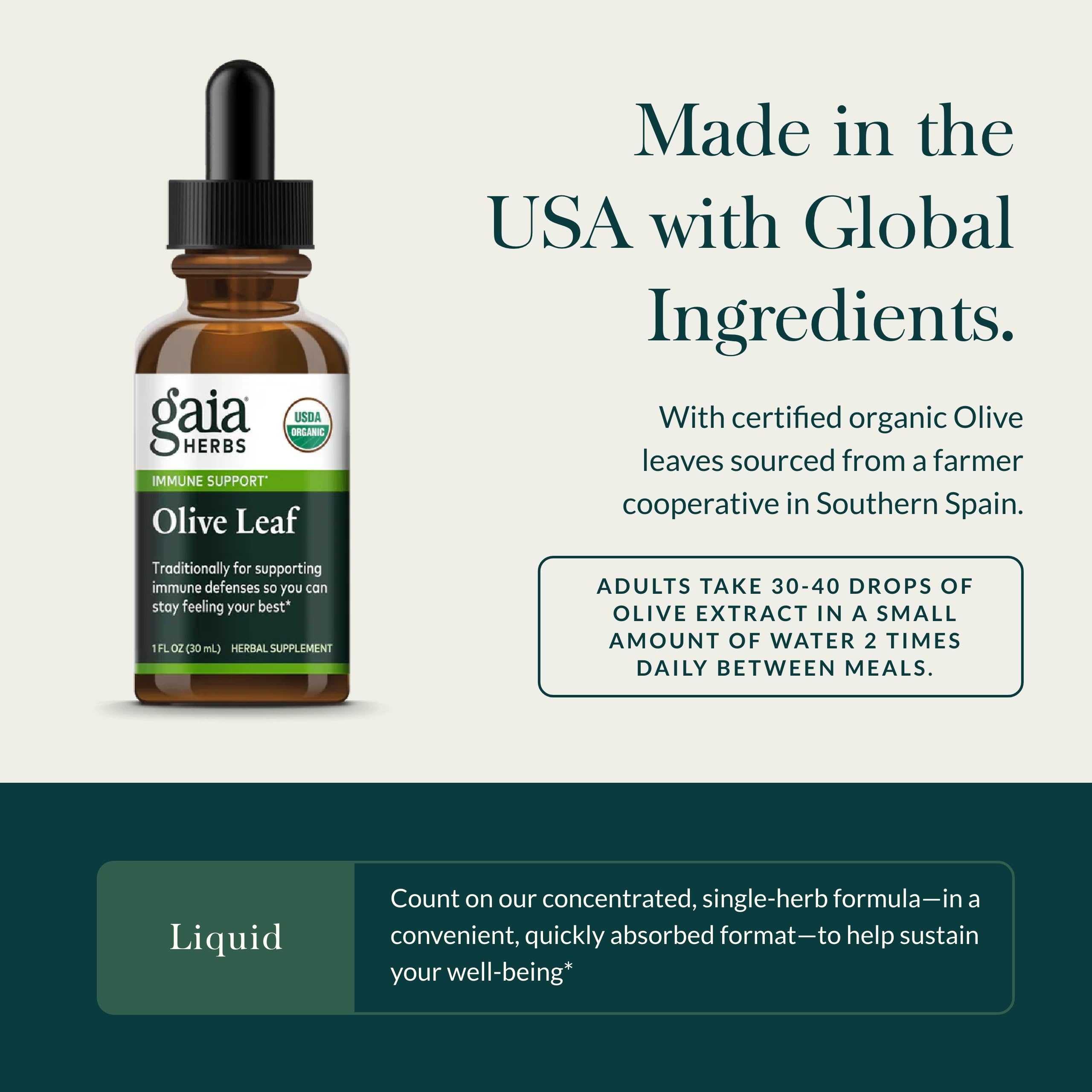 Pipette Gaia Herbs Olive Leaf Extrait facilite le dosage précis.