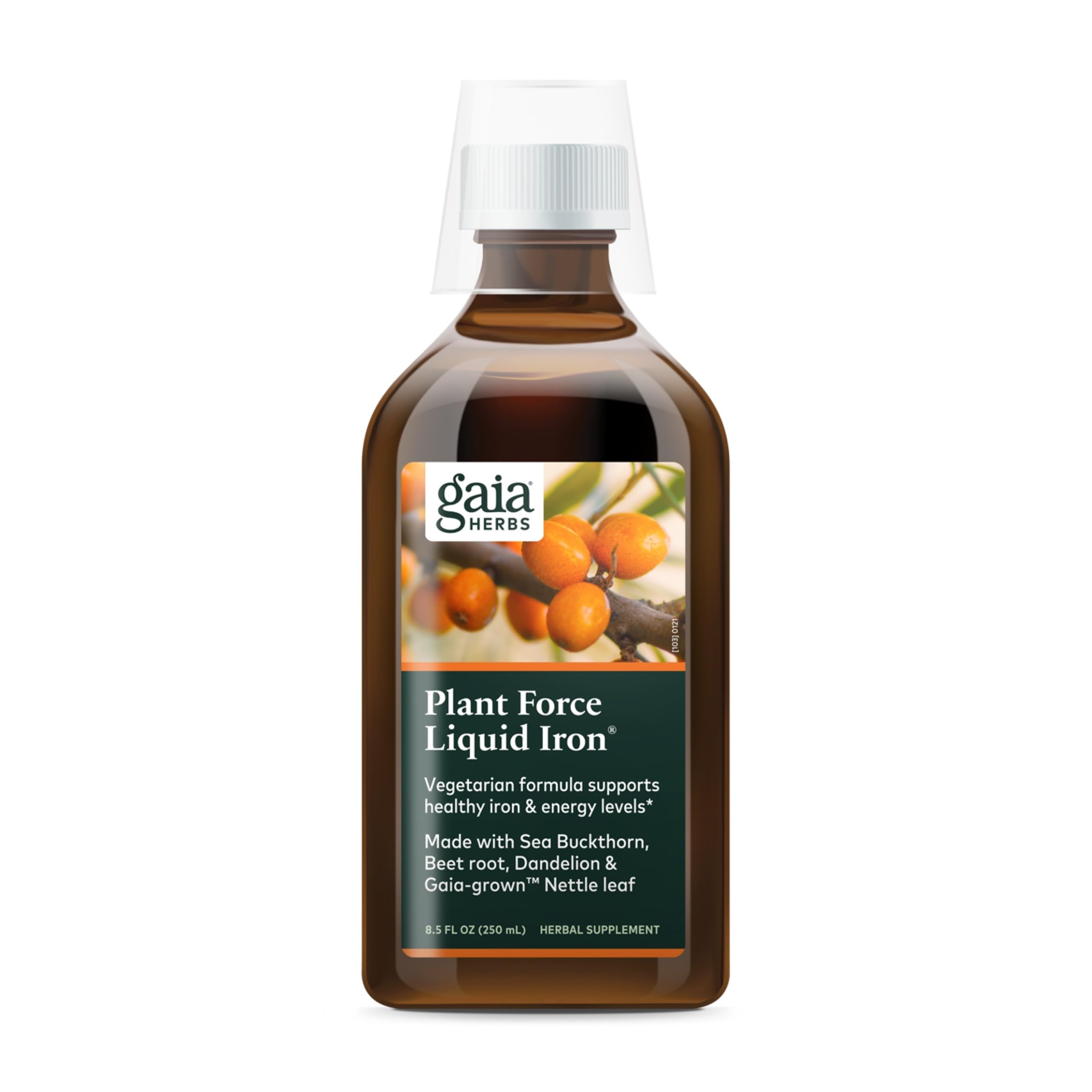 Gaia Herbs Plant Force Fer Liquide, bouteille prête à l’emploi, présentation claire.
