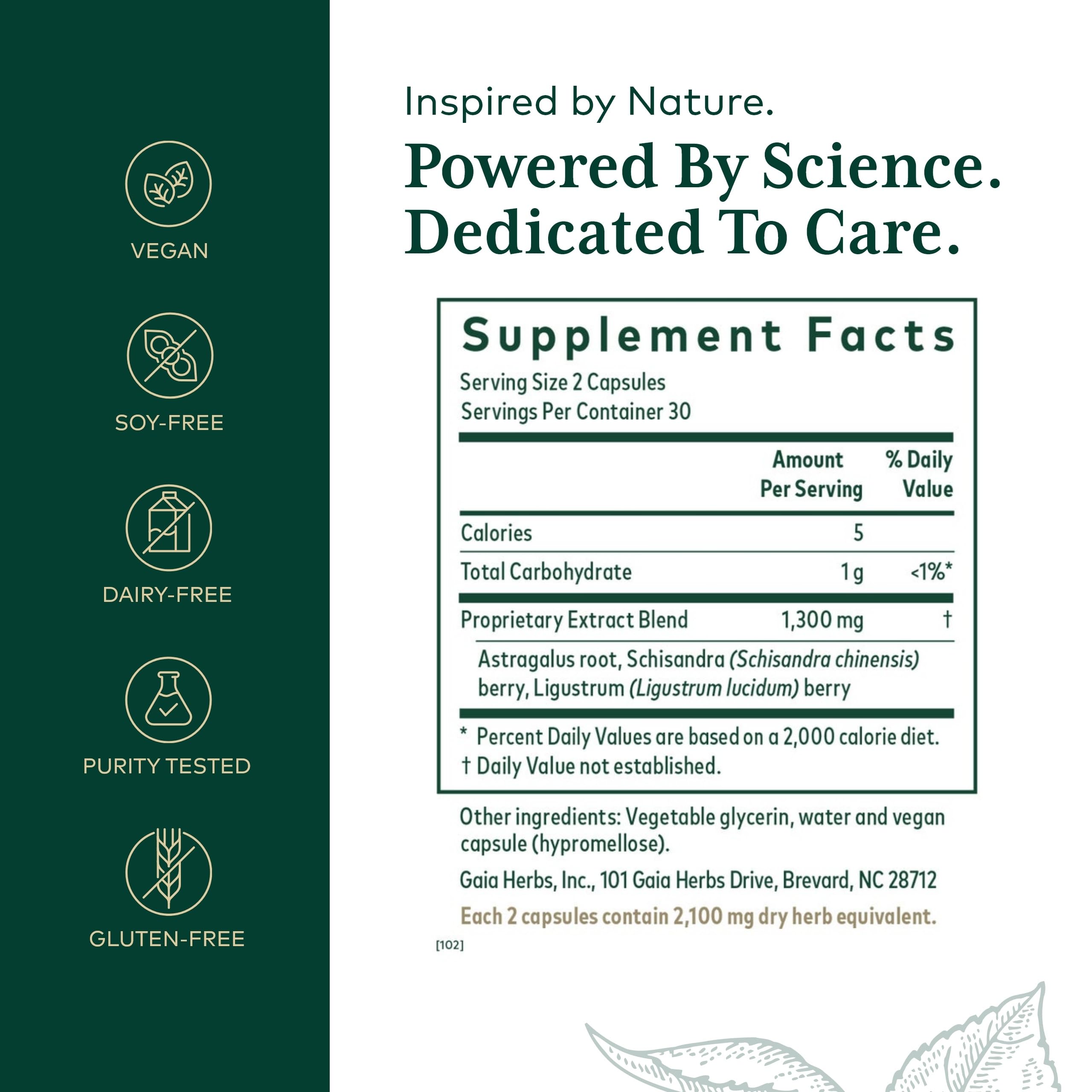 Gaia Herbs PRO 3-en-1 astragale racine, ingrédients premium pour le soutien immunitaire.