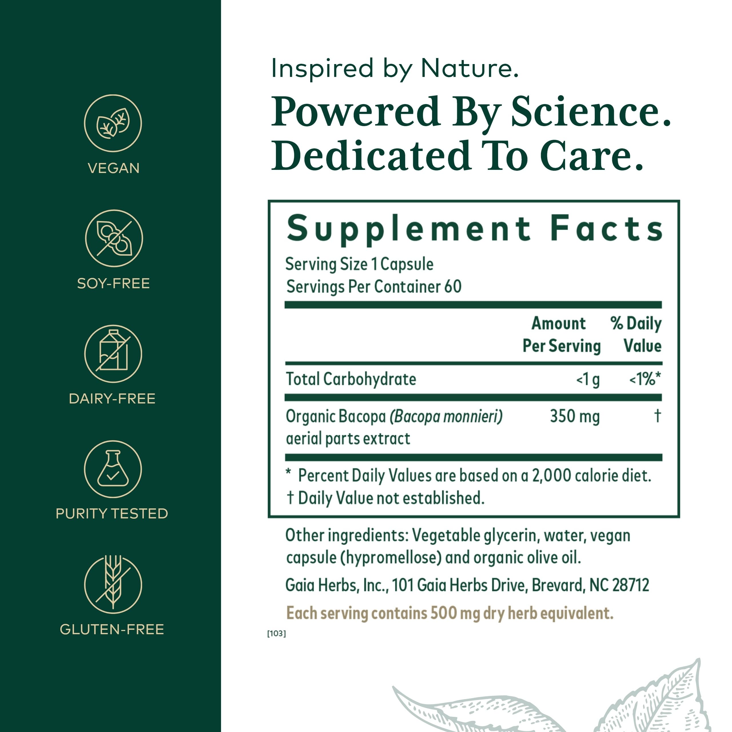 Étiquette Gaia Herbs PRO Bacopa – emballage premium et lisible