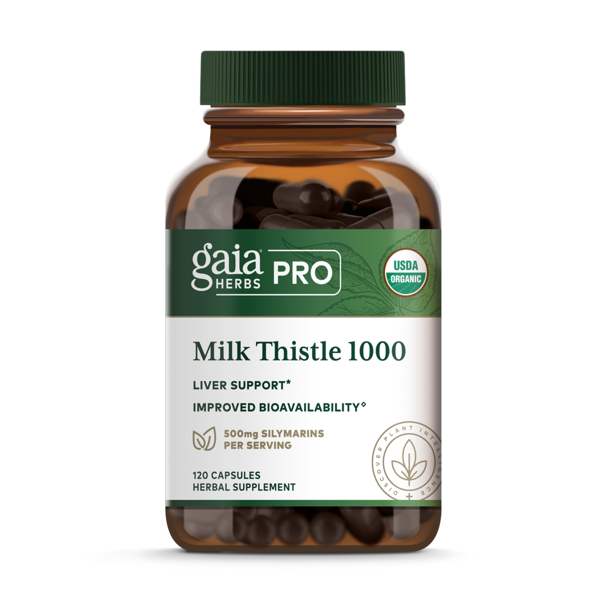 Gaia Herbs PRO chardon-marie bouteille montrant le soutien potentiel du foie grâce à Silactive.