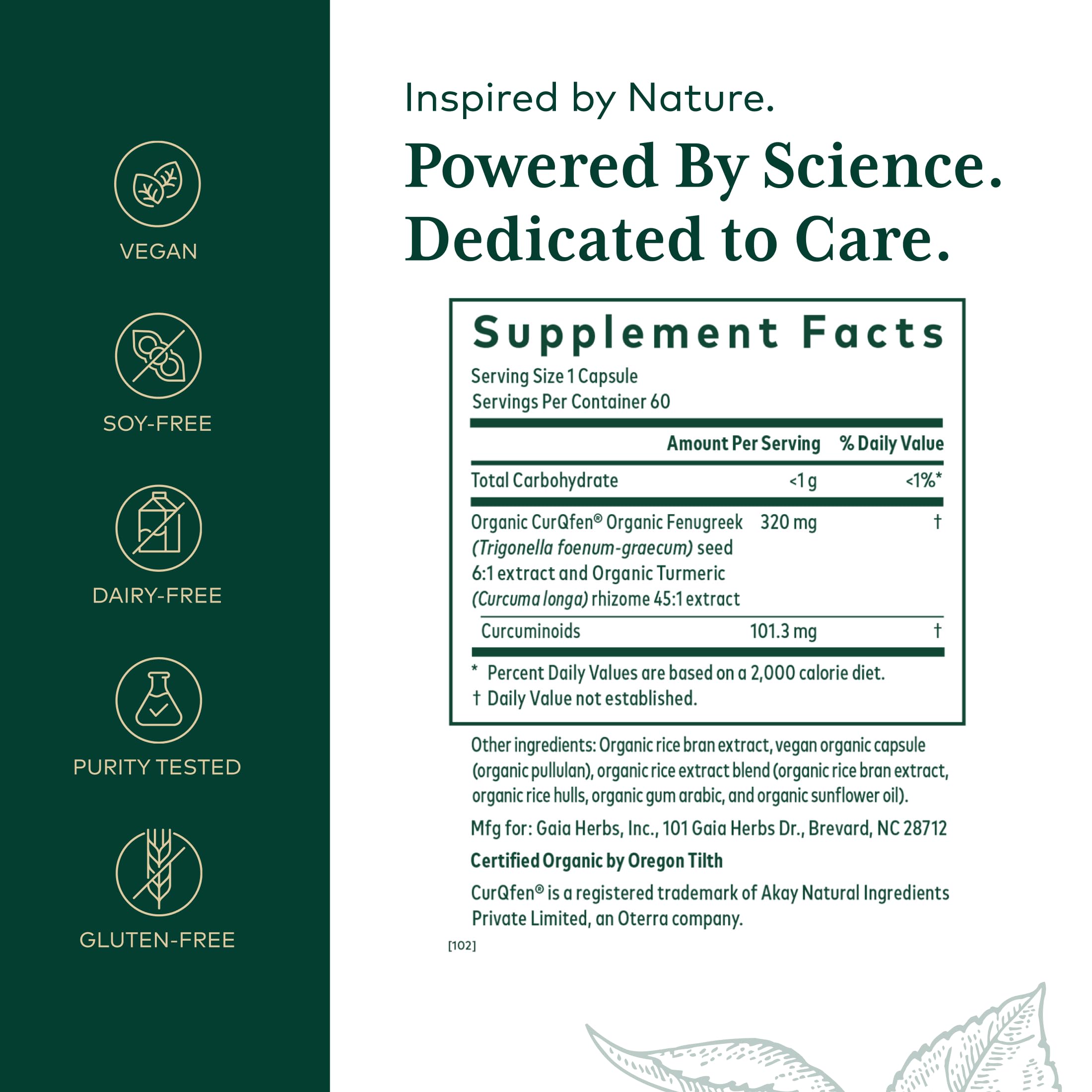 Gélules vegan GAIA HERBS PRO Turmeric Fenugreek Complex prêtes à l’emploi.