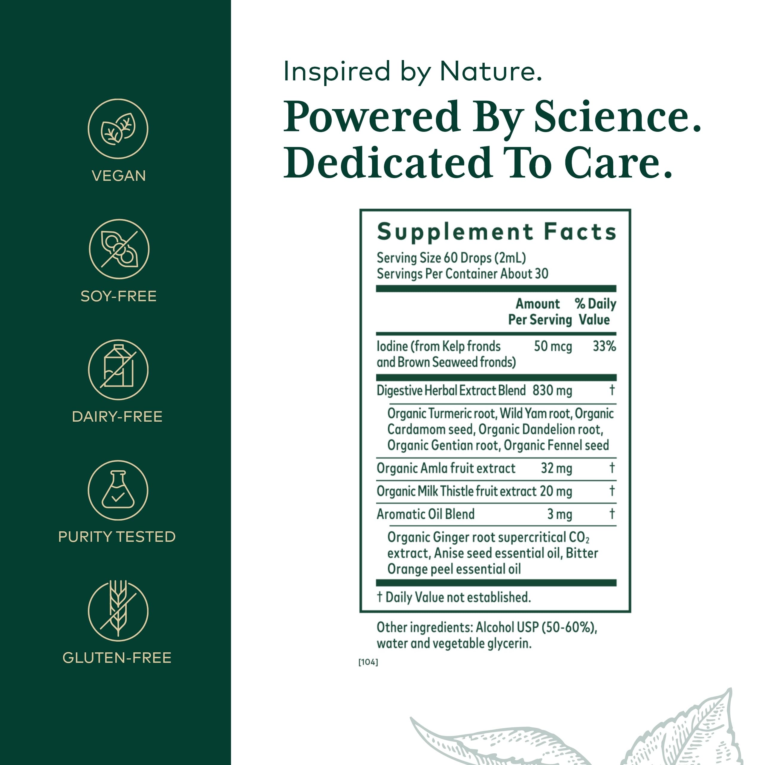 GAIA HERBS PRO Digestive Bitters, etiquette visible, affiche le mélange bio et les usages.