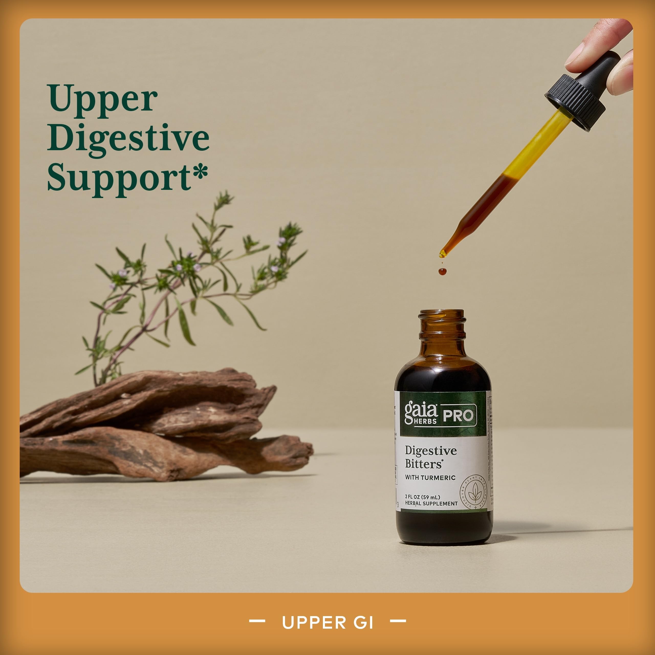GAIA HERBS PRO Digestive Bitters, verre d'eau, facilite l'ingestion après le repas.