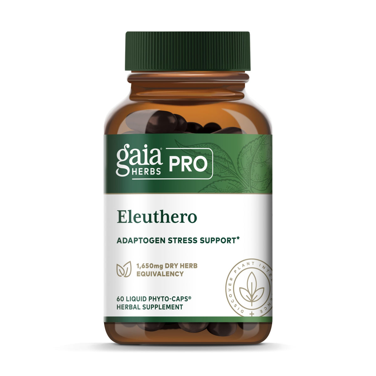 GAIA HERBS PRO Eleuthero, bouteille de capsules phyto-veganes pour énergie potentielle.