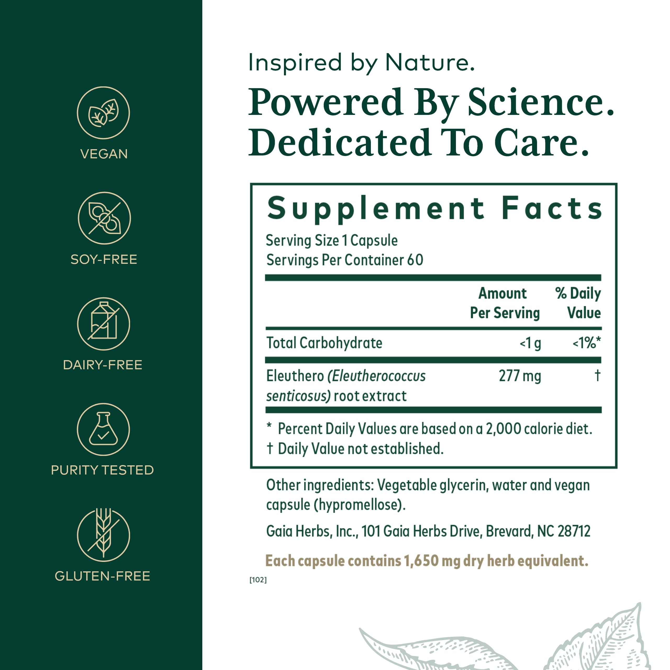 Étiquette GAIA HERBS PRO Eleuthero, emballage clair et traçabilité.