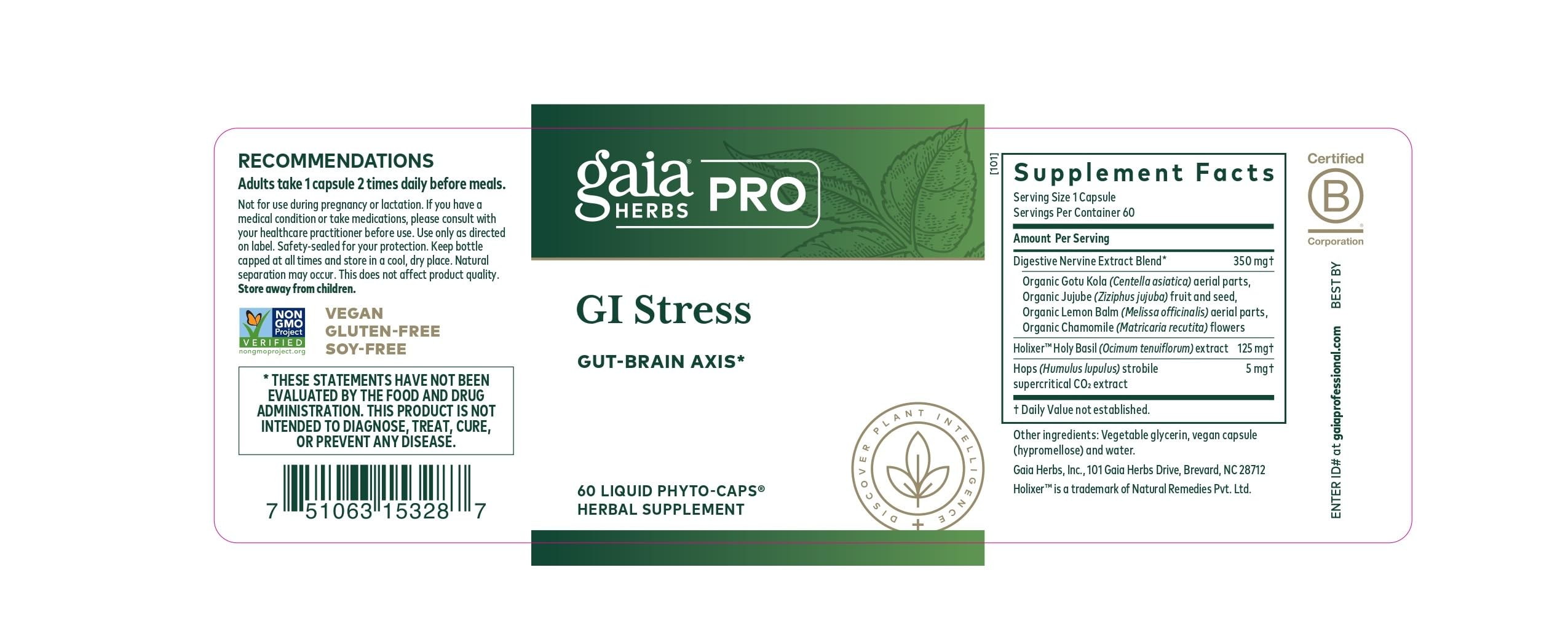 Gaia Herbs PRO GI Stress – utilisation avant repas pour maintien digestif.