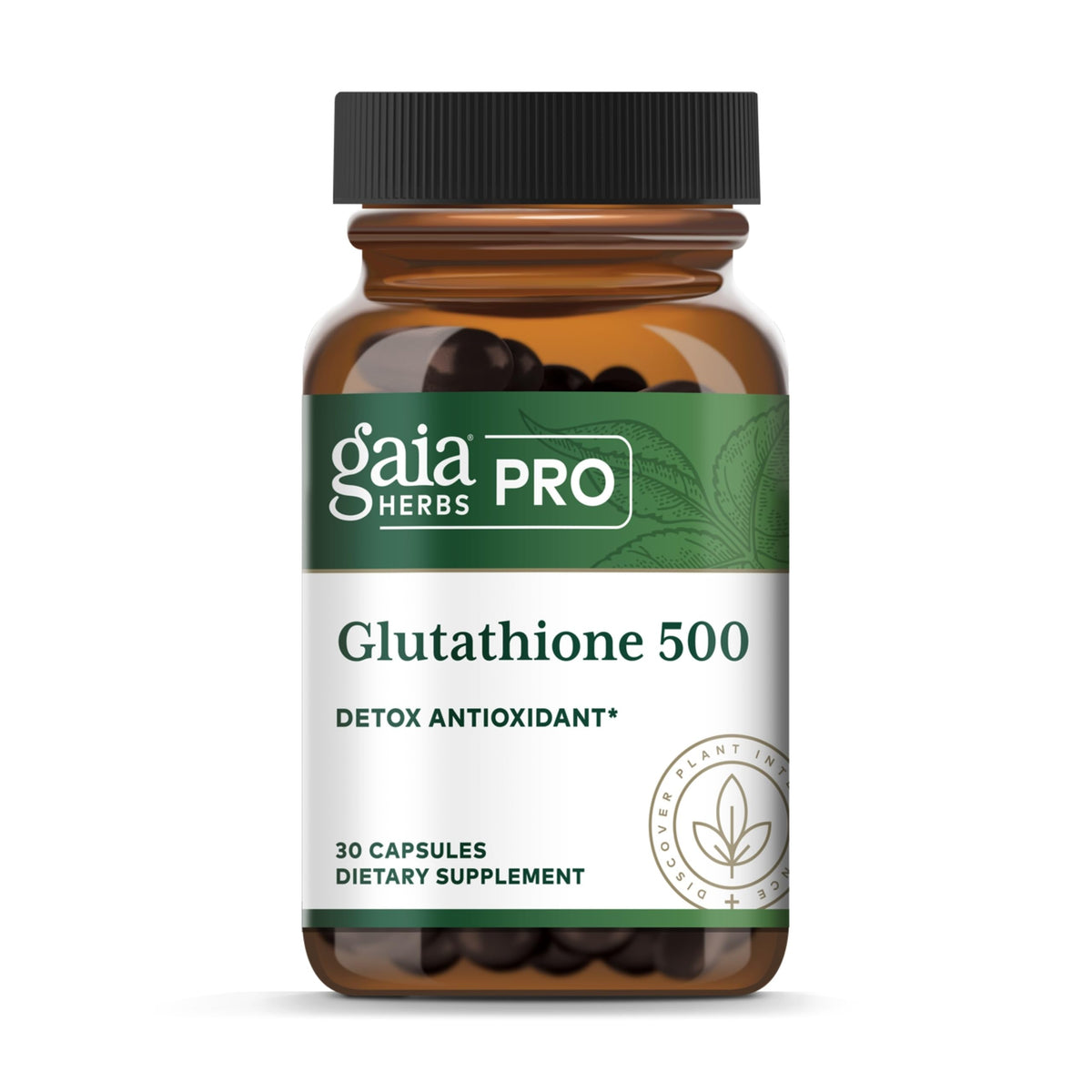 Gaia Herbs PRO Glutathione 500 - bouteille et capsules, soutien potentiel à la santé cellulaire.