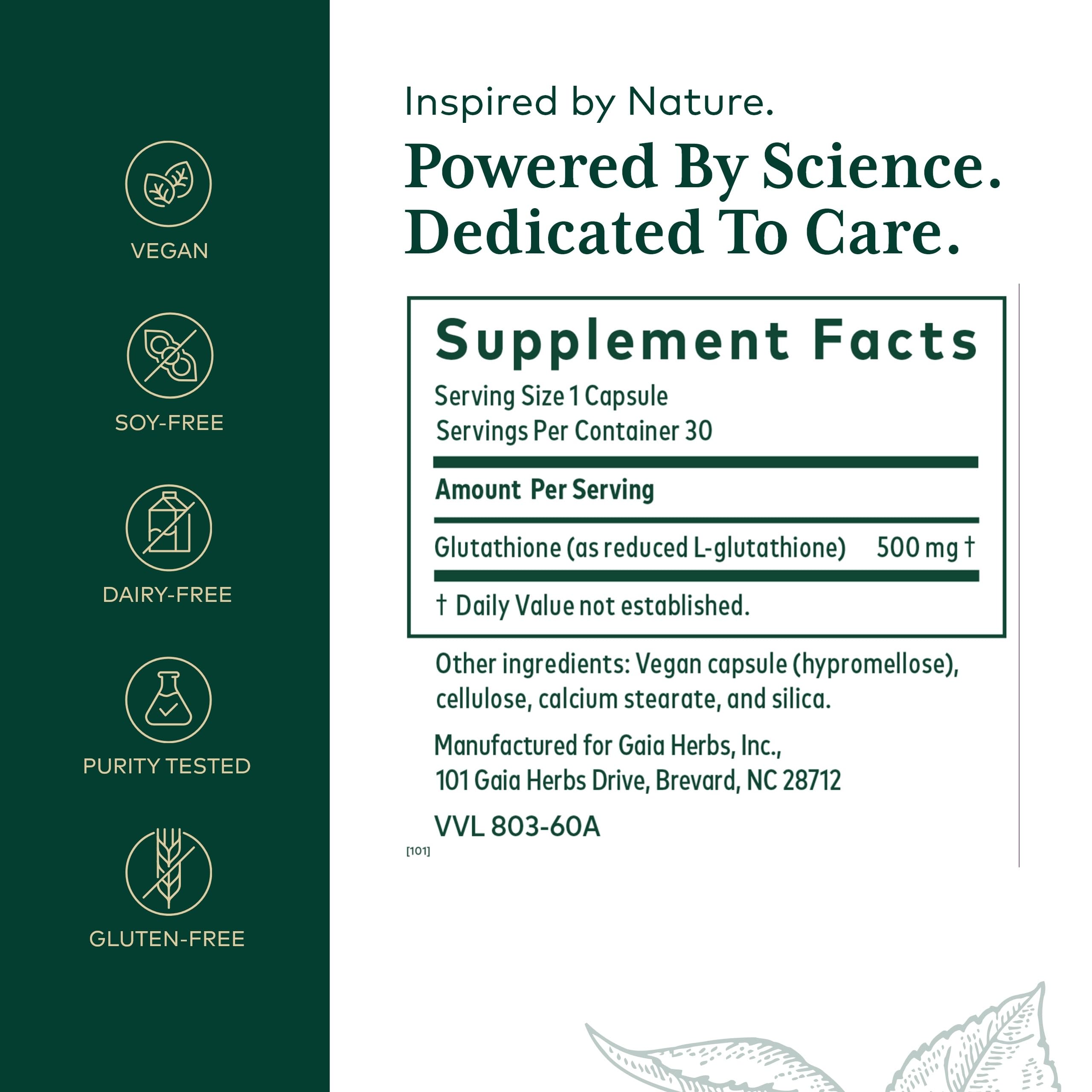 Gaia Herbs PRO Glutathione 500 - étiquette visible sur la bouteille, informations claires.