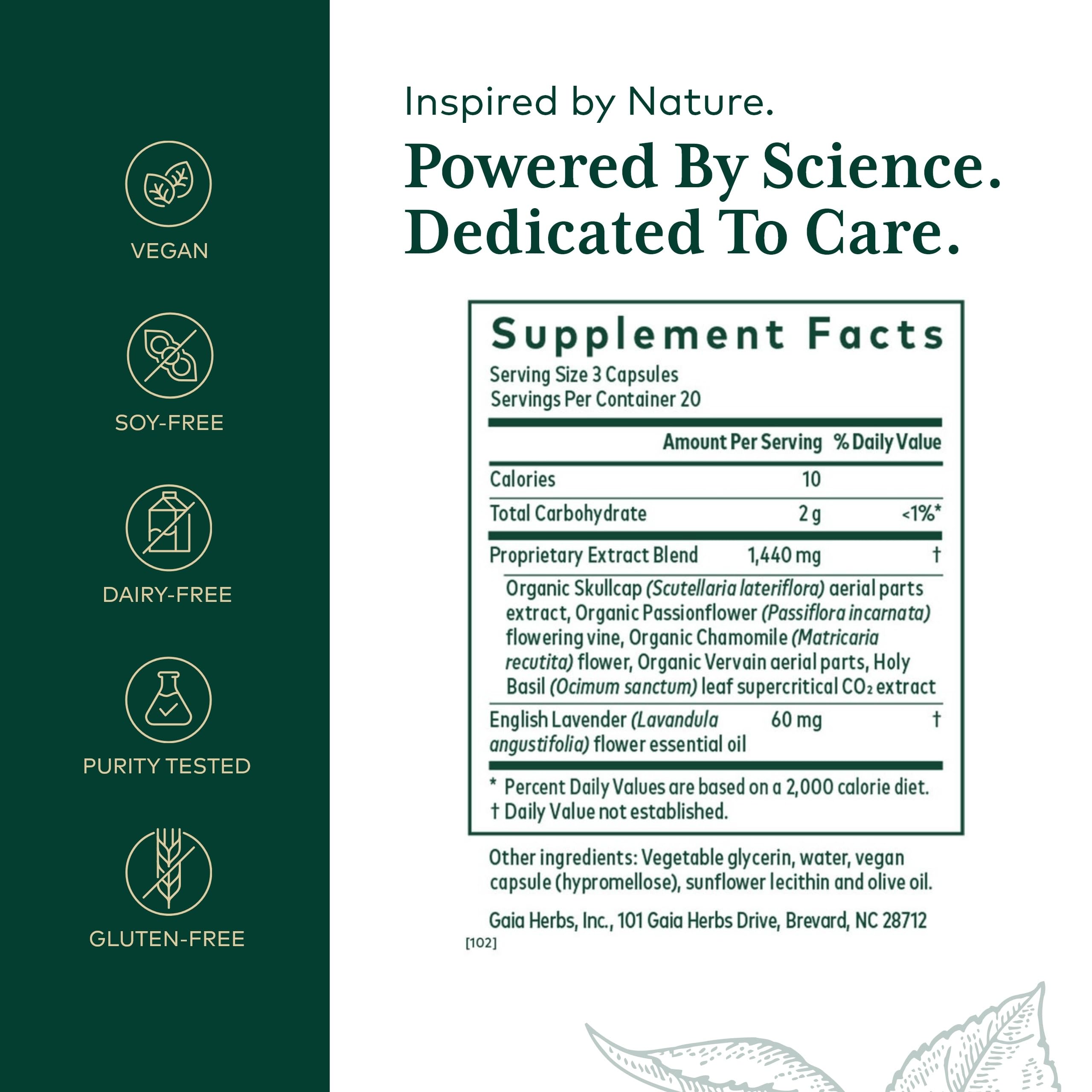 Gaia Herbs PRO Calm Restore : ingrédients visibles comme scutellaire et camomille pour une détente potentielle.