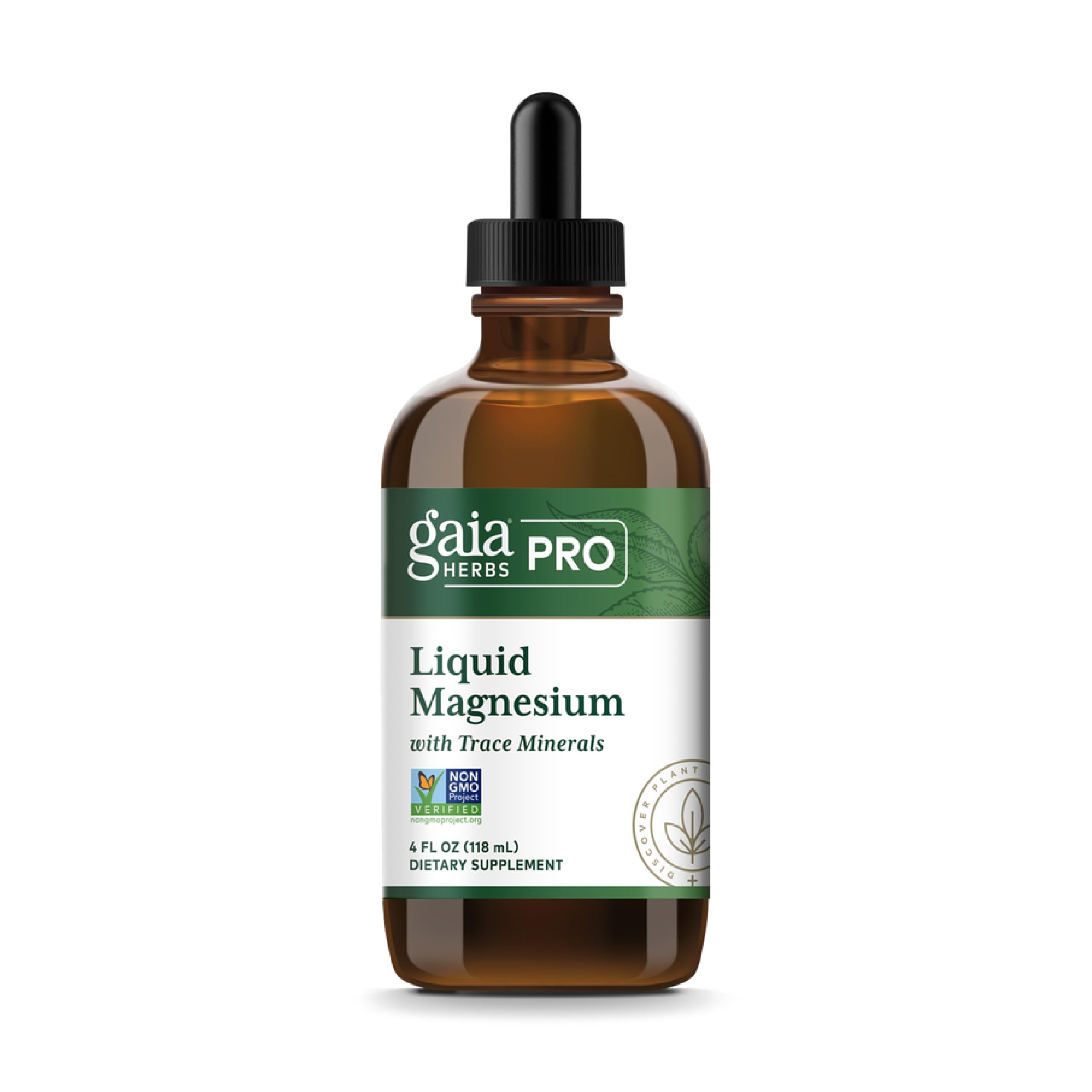 Gaia Herbs PRO Magnésium liquide – bouteille ouverte montrant l'étiquette et énergie cellulaire potentielle.