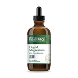 Gaia Herbs PRO Magnésium liquide – bouteille ouverte montrant l'étiquette et énergie cellulaire potentielle.
