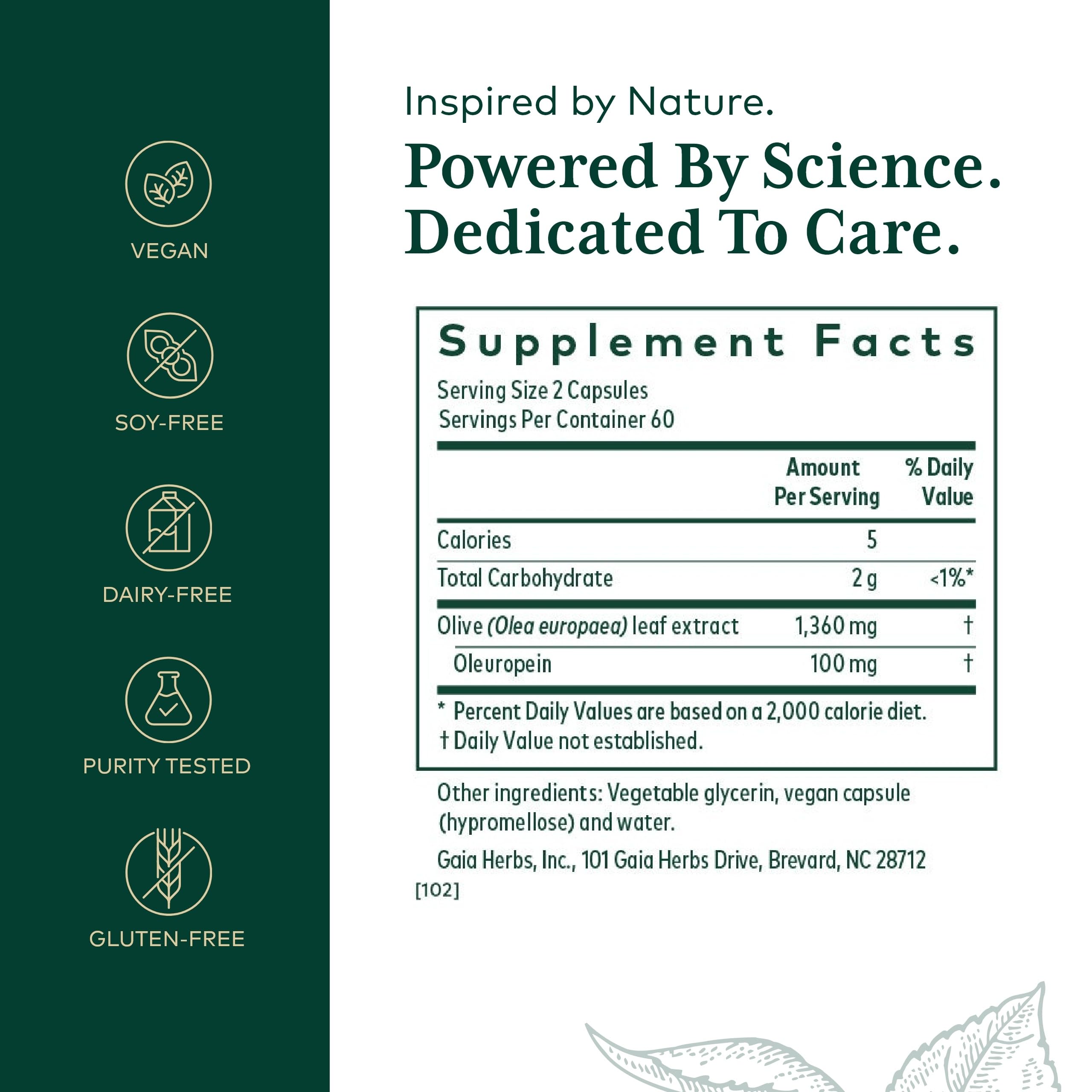 GAIA Herbs PRO Olive Leaf 1360 – emballage extérieur indiquant le dosage et les bénéfices.