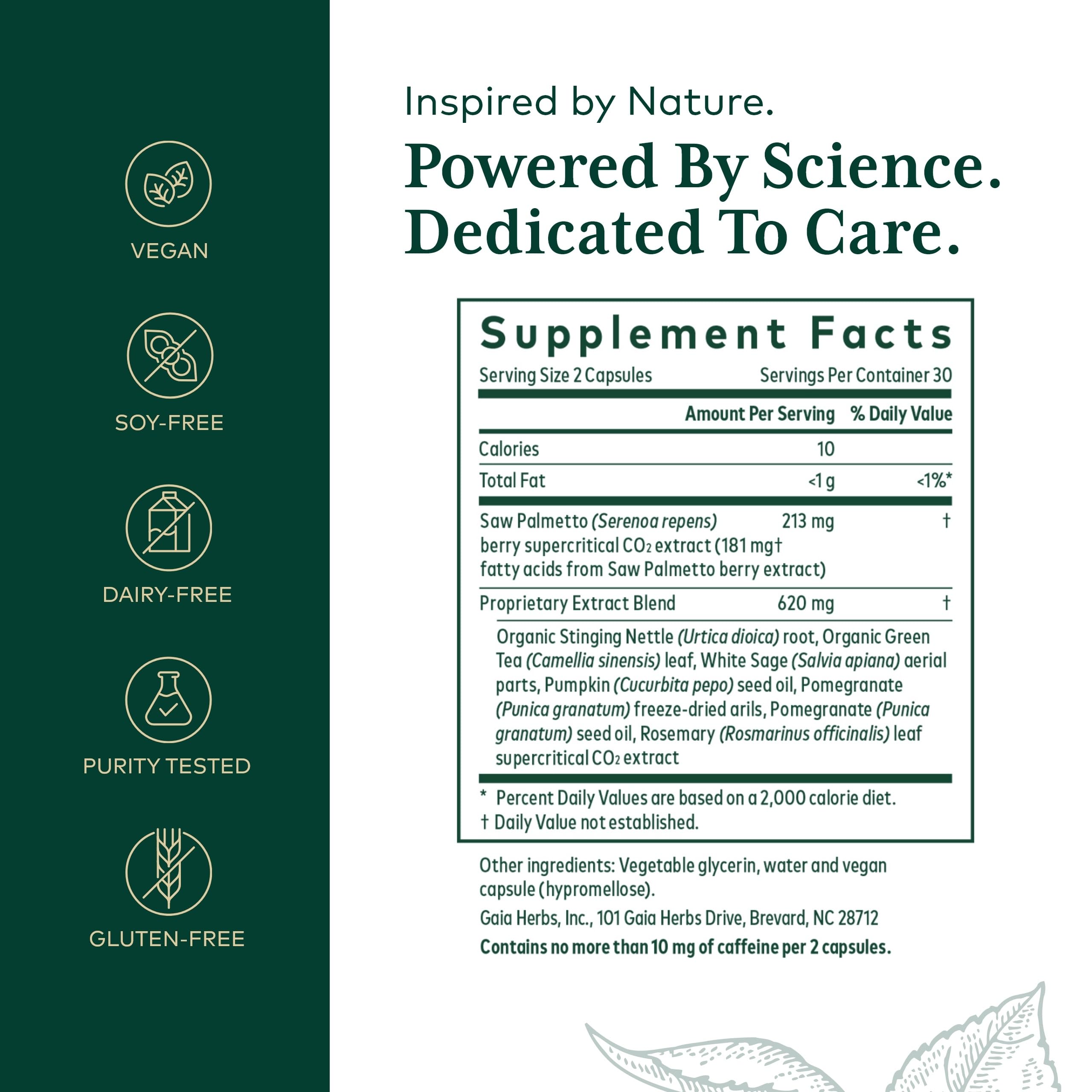 Étiquette Gaia Herbs PRO Prostate Formula montrant les ingrédients et l’usage potentiel.