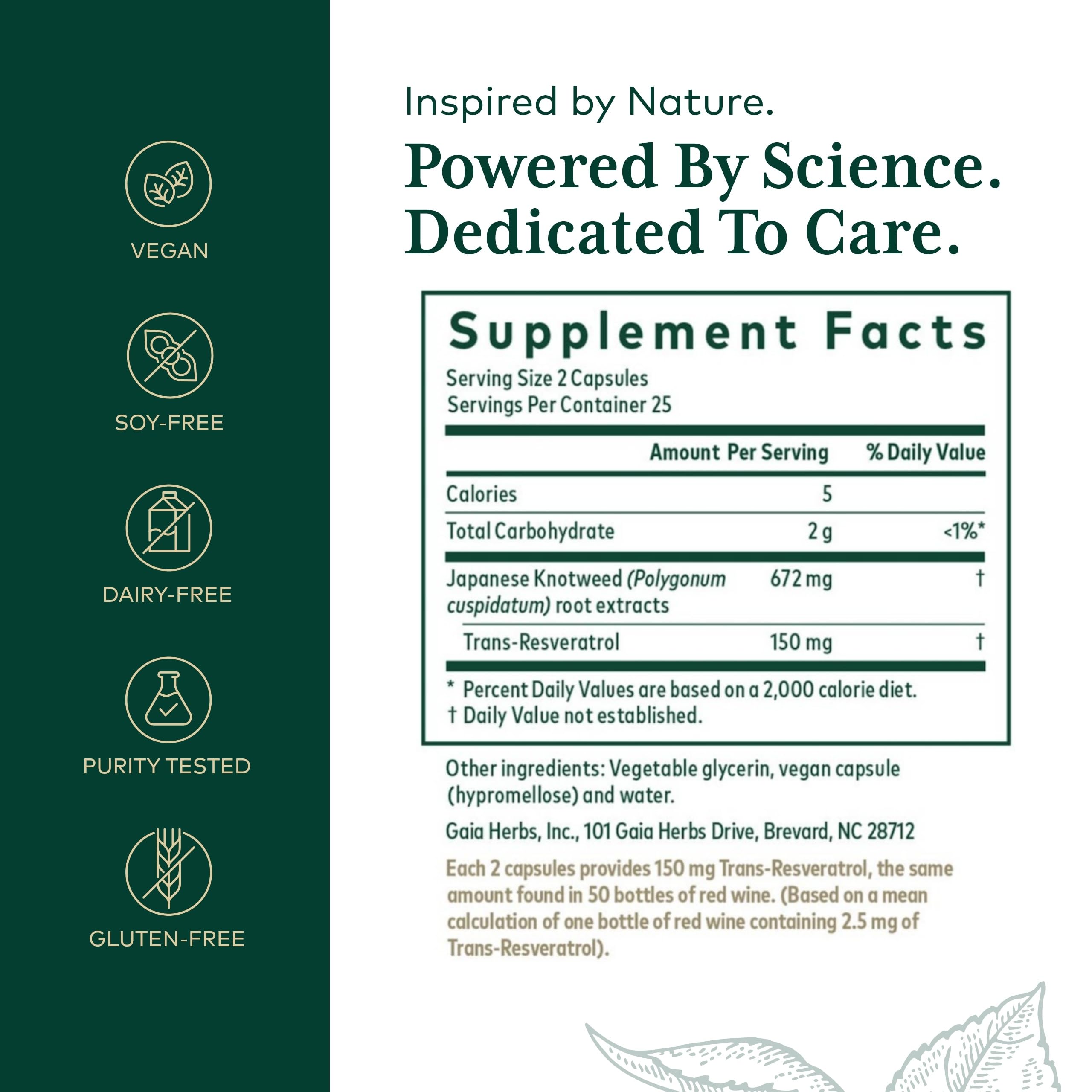 GAIA HERBS PRO Resveratrol 150 mg, etiquette claire affichant la provenance et les ingrédients.