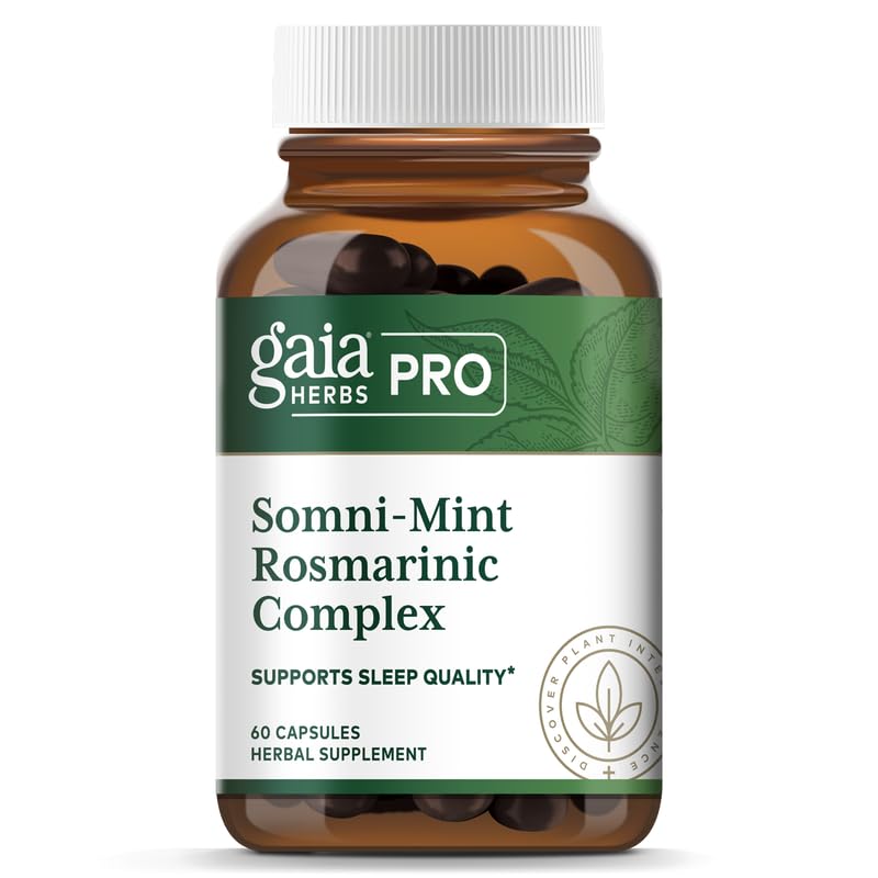 Gaia Herbs PRO Somni-Mint Rosmarinic en bouteille, soutien relaxant avant le coucher pour une nuit paisible.