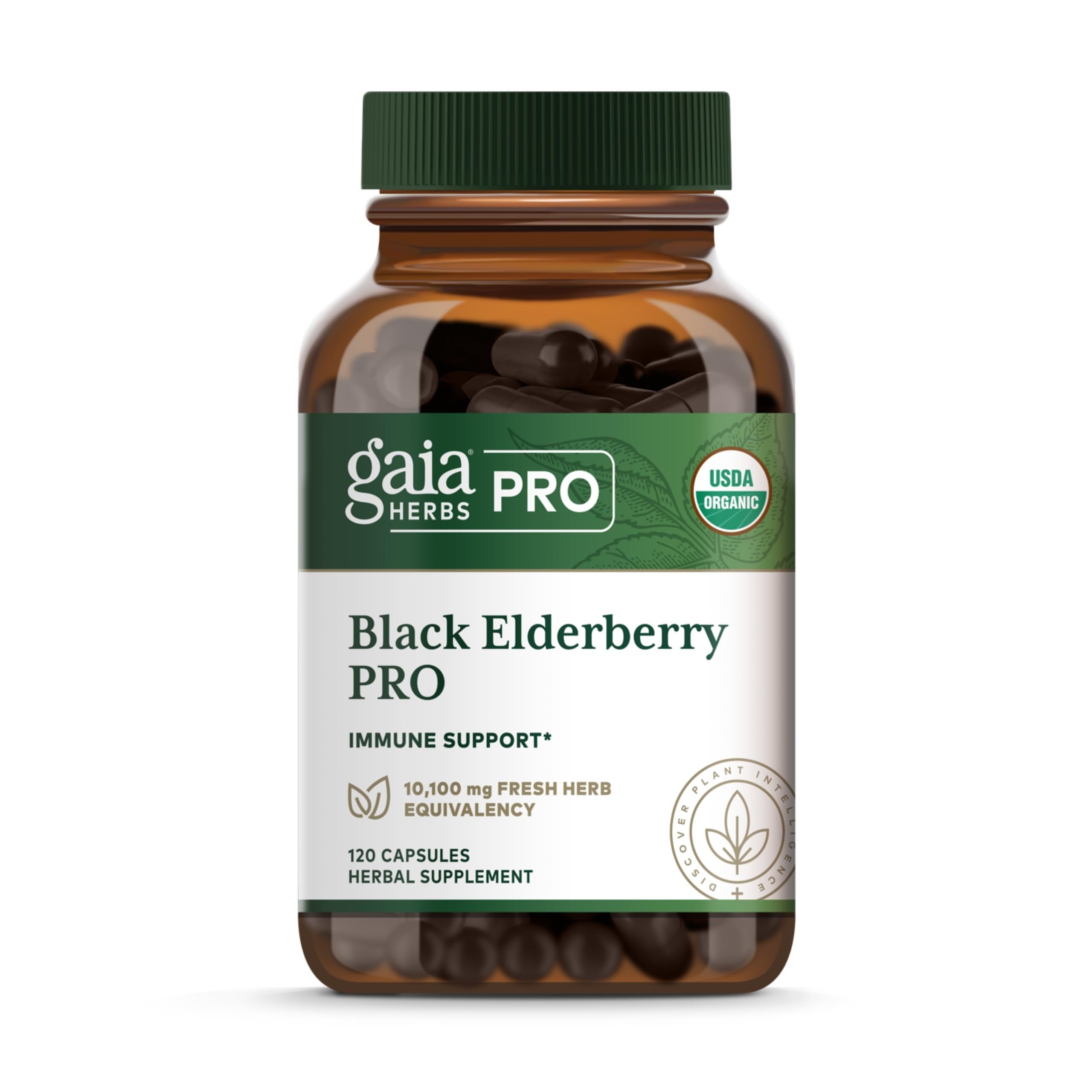 Gaia Herbs PRO Sureau noir — bouteille, soutien potentiel du système immunitaire avec extrait biologique vegan.