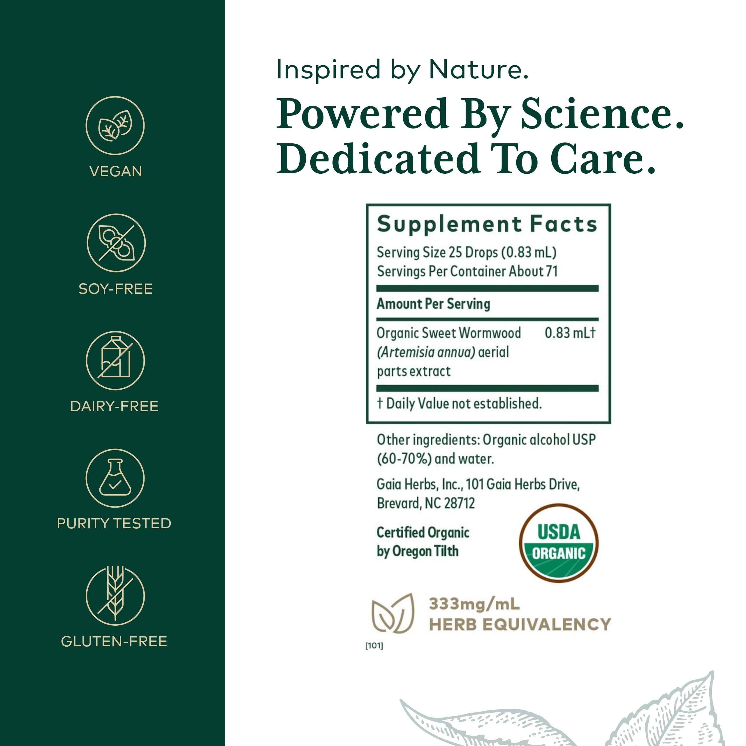 Gaia Herbs Pro Sweet Wormwood - Etiquette: informations claires sur le dosage et l'origine des plantes.