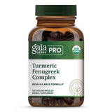 Gaia Herbs PRO Turmeric Fenugreek Complex : bouteille affichant une formule naturelle pour soutien quotidien.