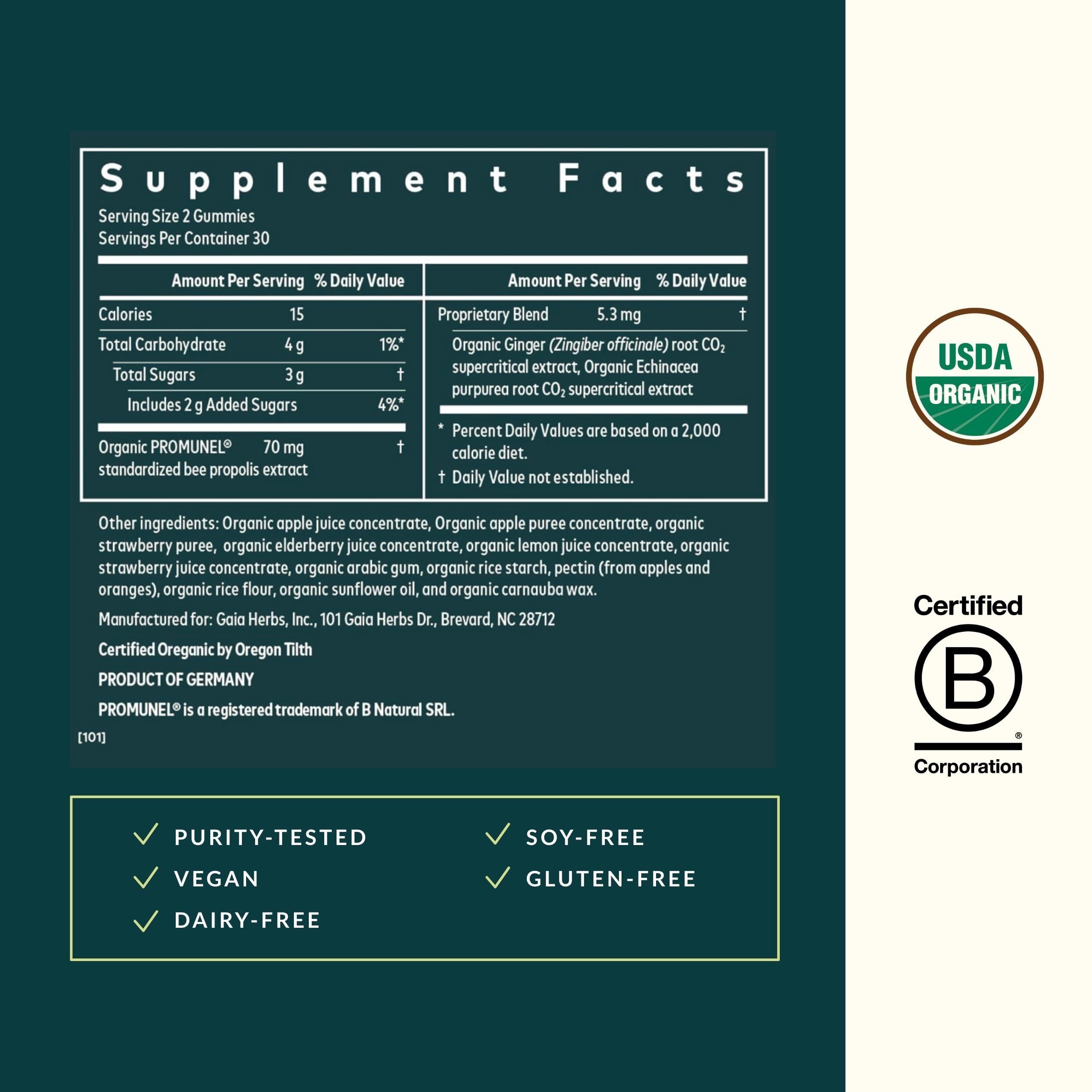 Gaia Herbs Immunité Rapid Defense Gummies Propolis Promunel, soutien potentiel immunitaire.