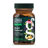 Gaia Herbs Quick Defense: bouteille et étiquette montrant l'emballage, soutien immunitaire naturel.