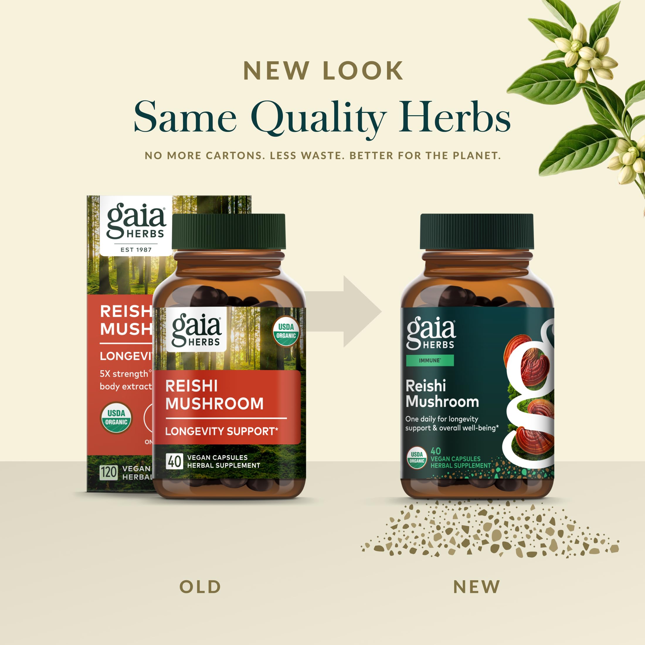 Gaia Herbs Reishi: boîte et emballage durables.