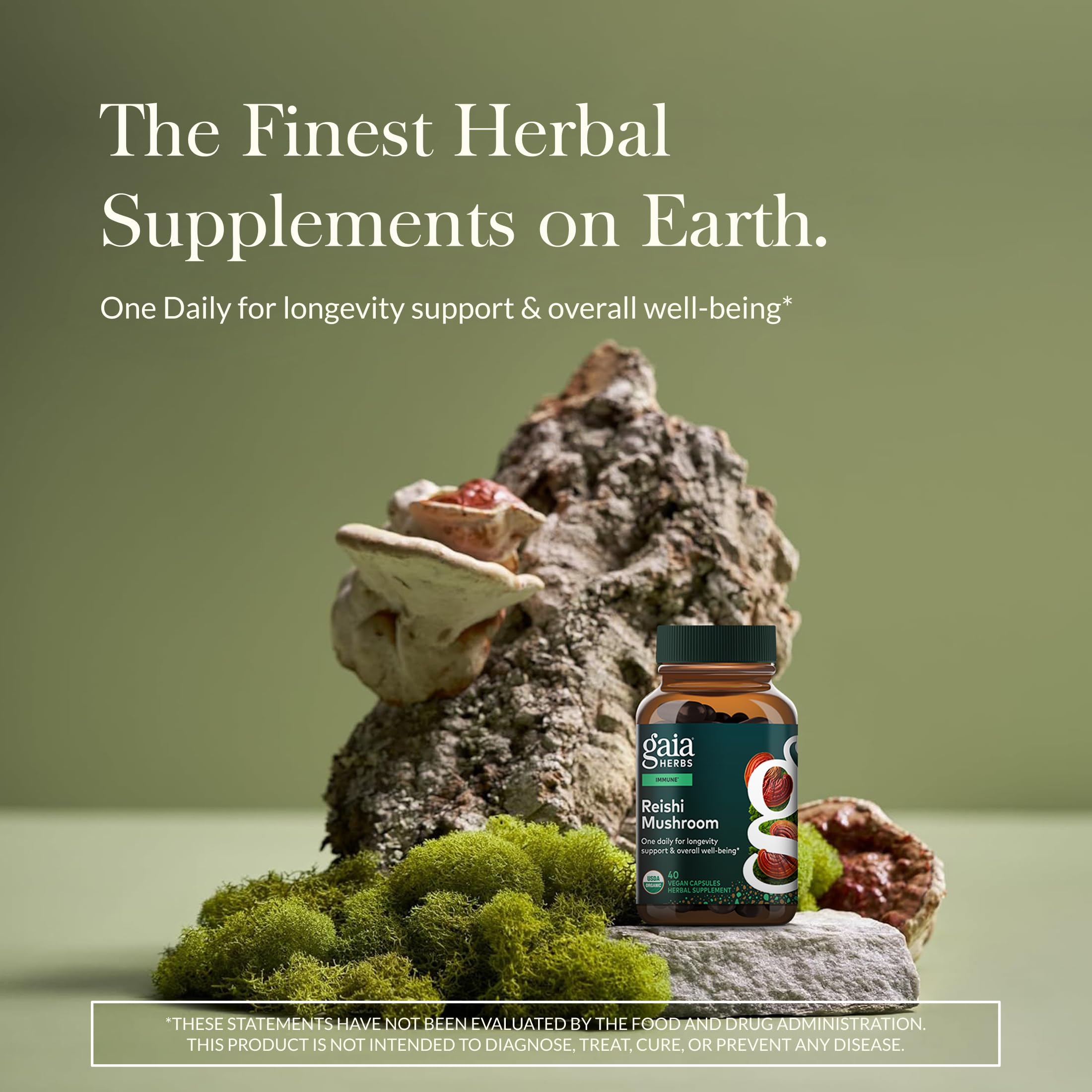 Gaia Herbs Reishi: étiquette qualité et traçabilité visibles.