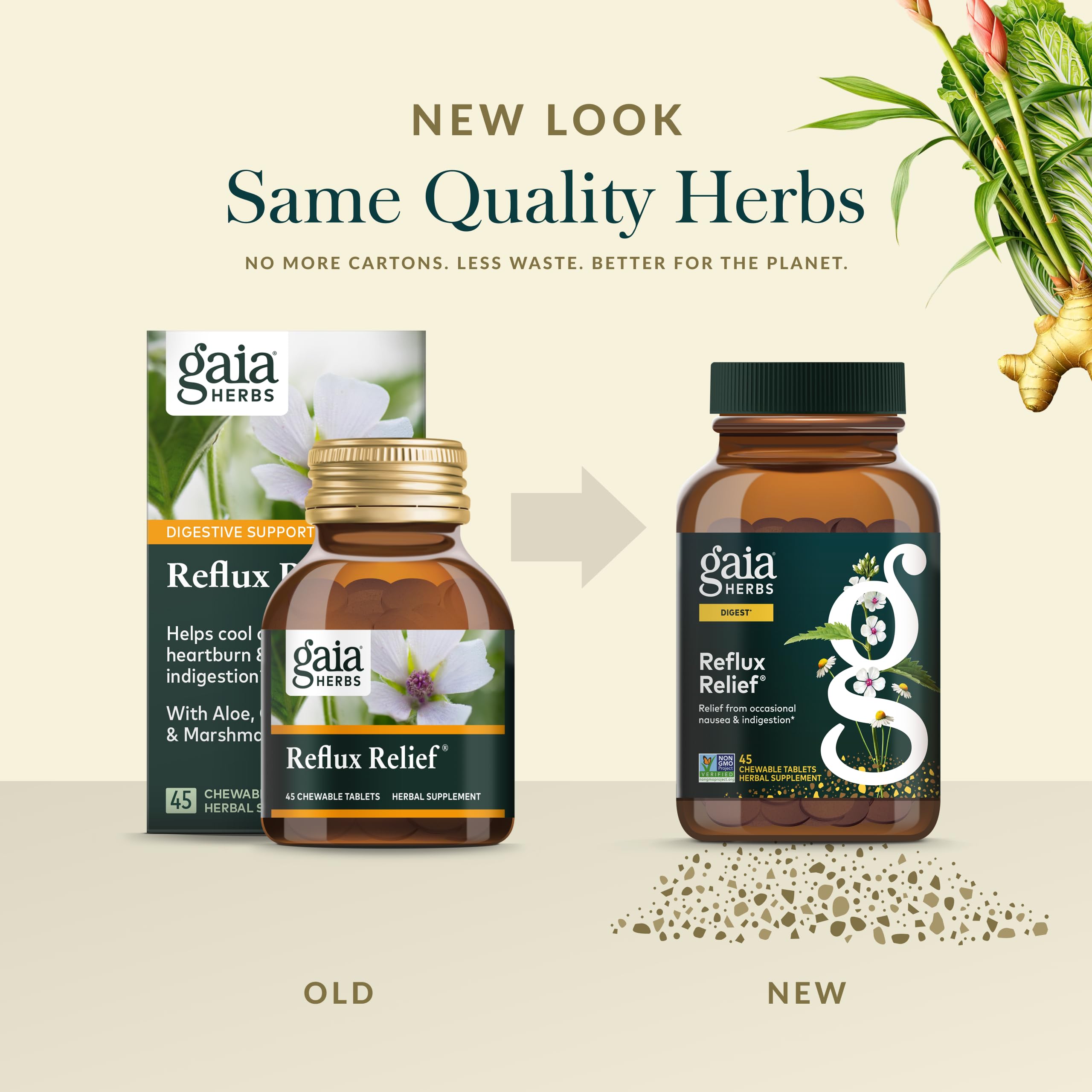 Gaia Herbs Reflux Relief, camomille et douceur après le repas.
