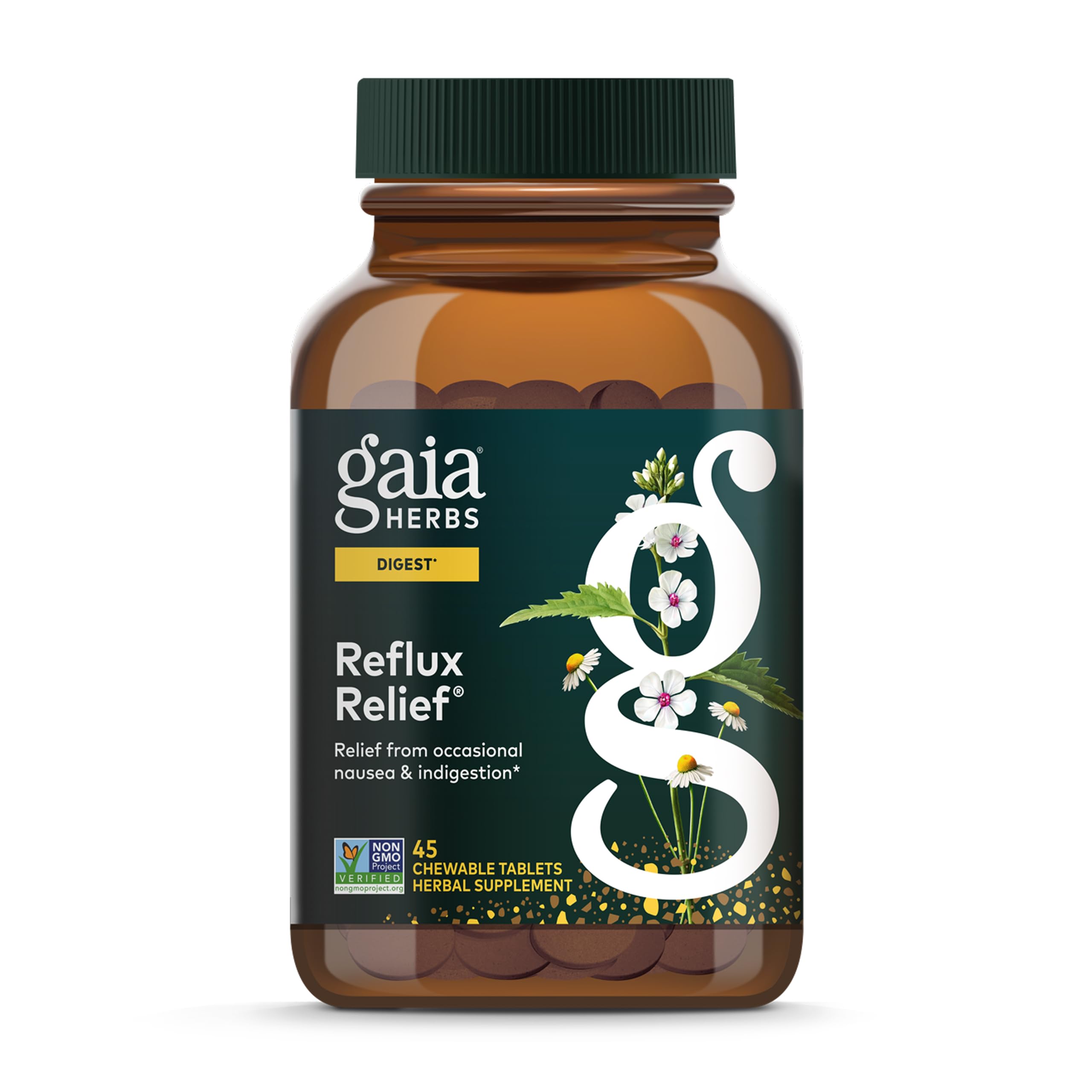 Gaia Herbs Reflux Relief, comprimés mâchables faciles à prendre, confort digestif après repas.