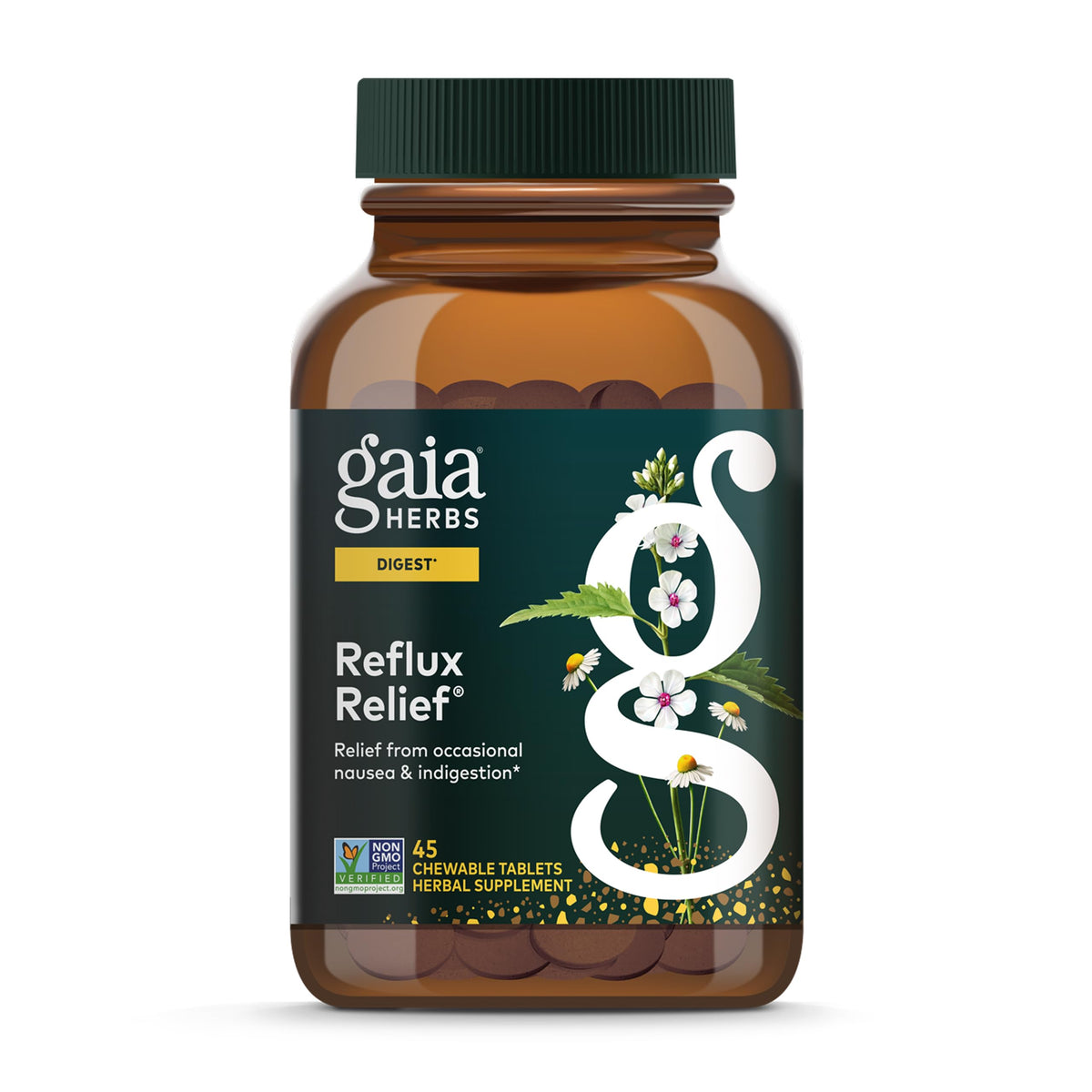 Gaia Herbs Reflux Relief, comprimés mâchables faciles à prendre, confort digestif après repas.
