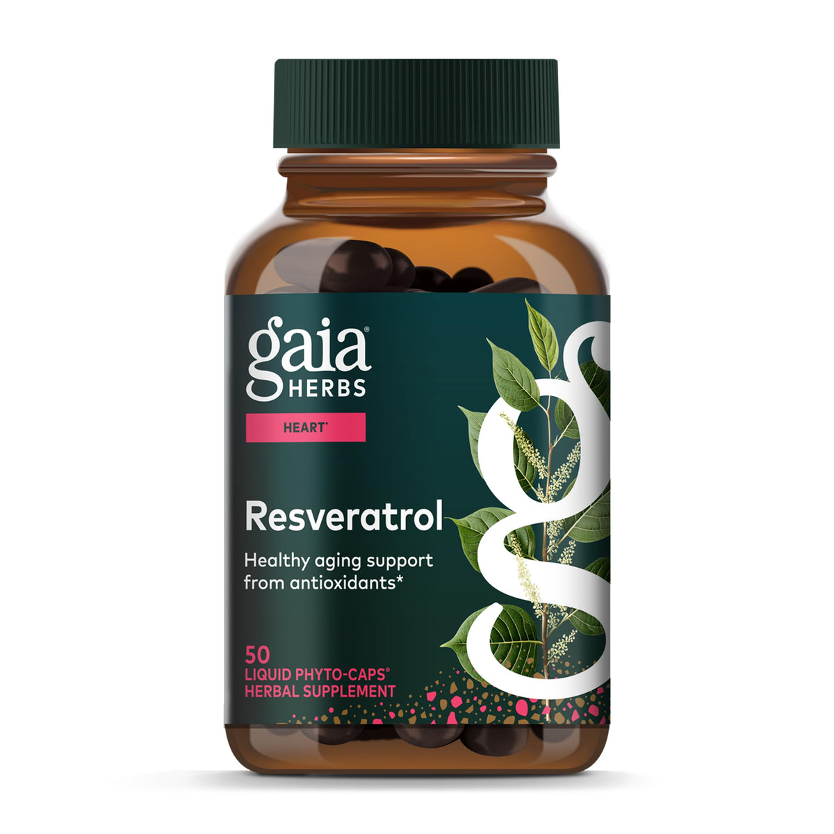Gaia Herbs Resveratrol — bouteille prête au versement, antioxydant pour peau et cœur.