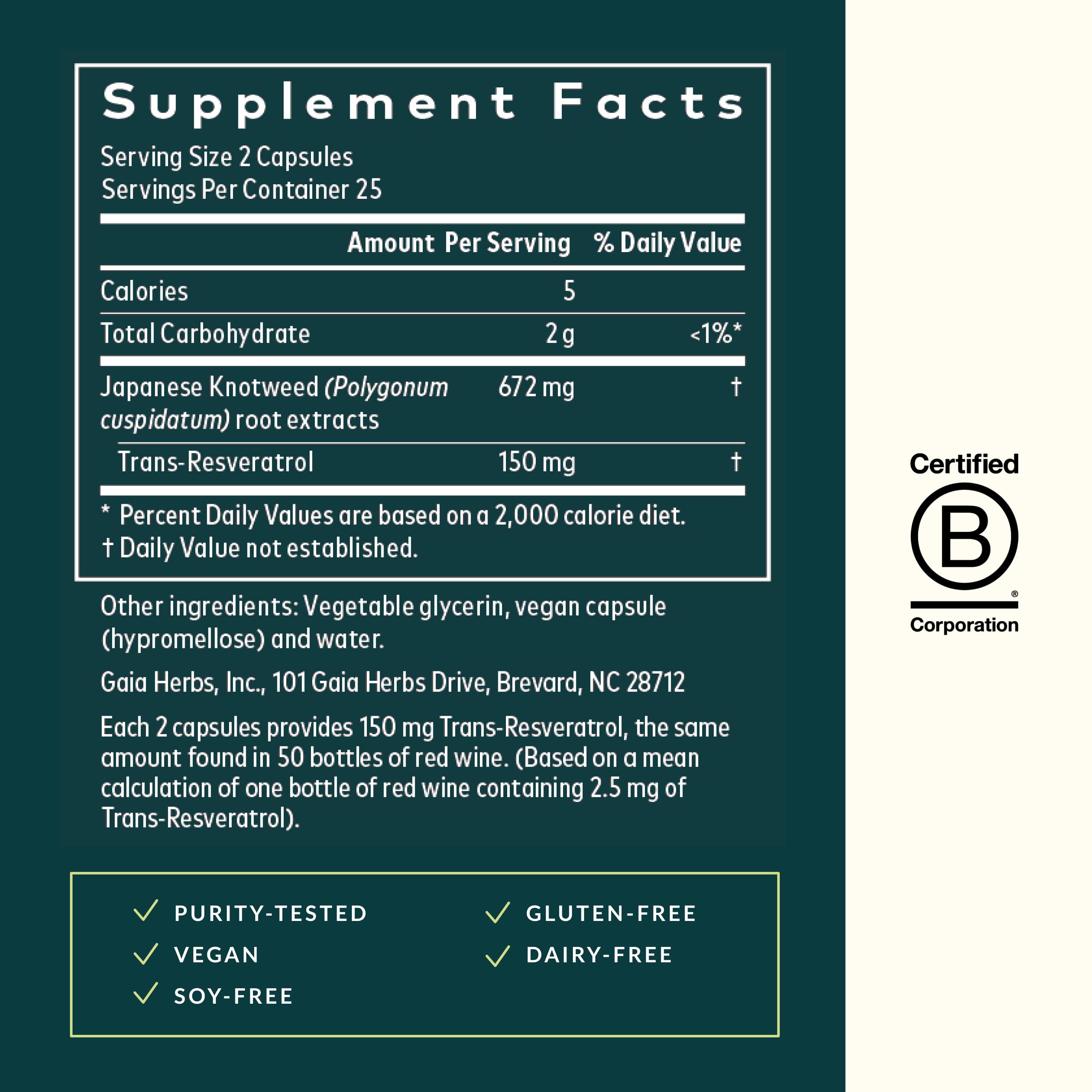 Étiquette Gaia Herbs Resveratrol sur la bouteille, indication trans-résvératrol.