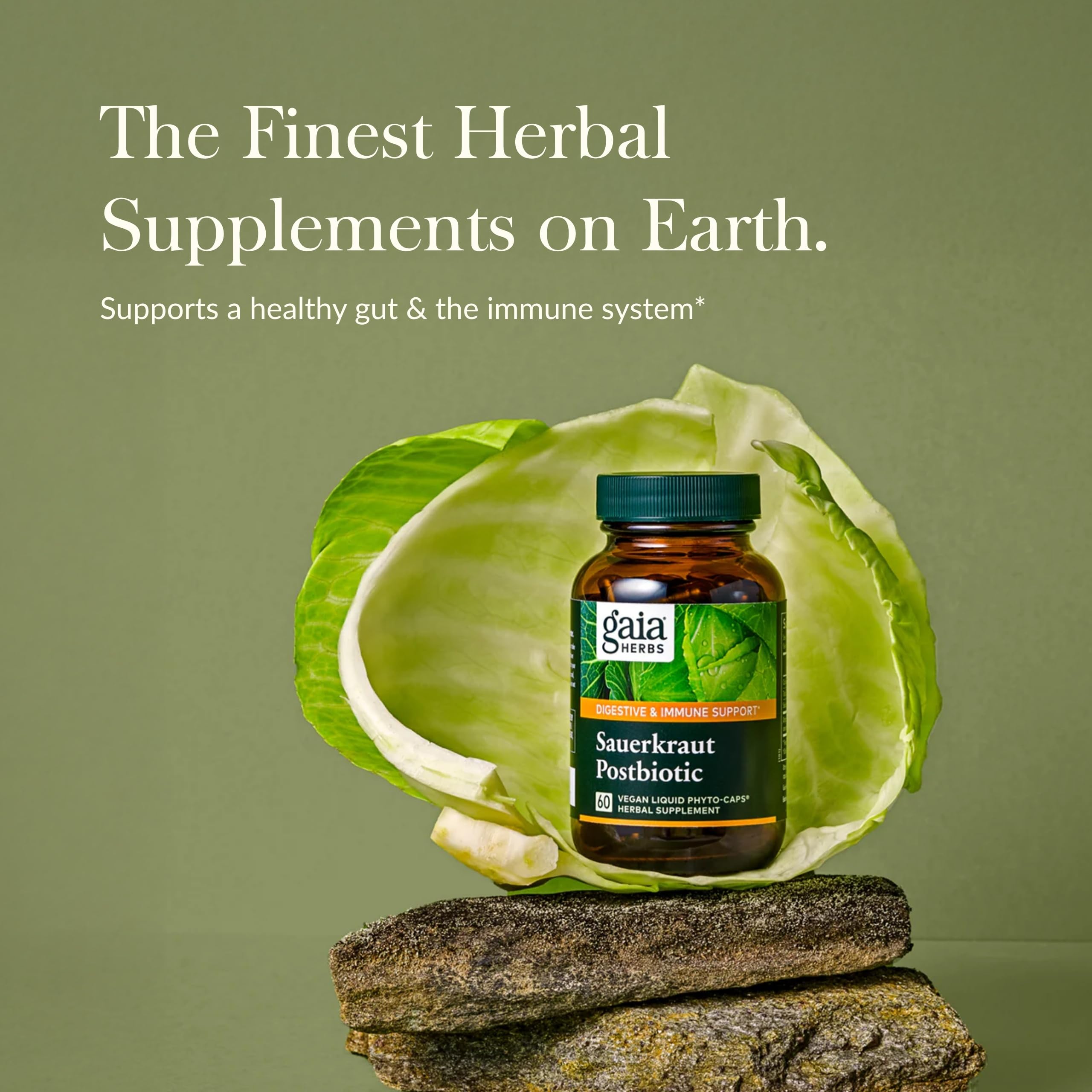 Gaia Herbs Sauerkraut Postbiotic – capsules-veganes, confort digestif et soutien immunitaire potentiel.