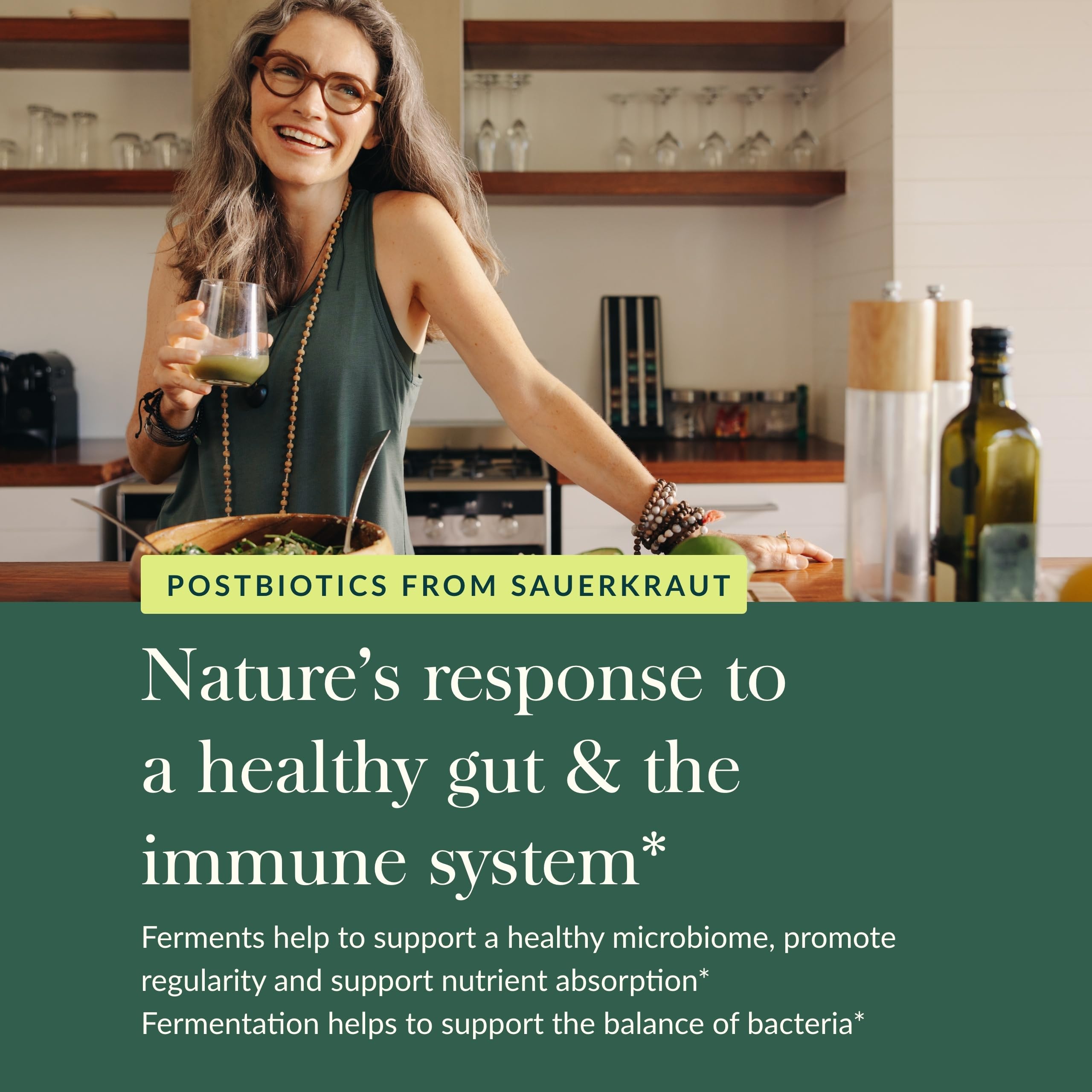Gaia Herbs Sauerkraut Postbiotic – capsules-vertes, consistance naturelle et facilité d'ingestion.