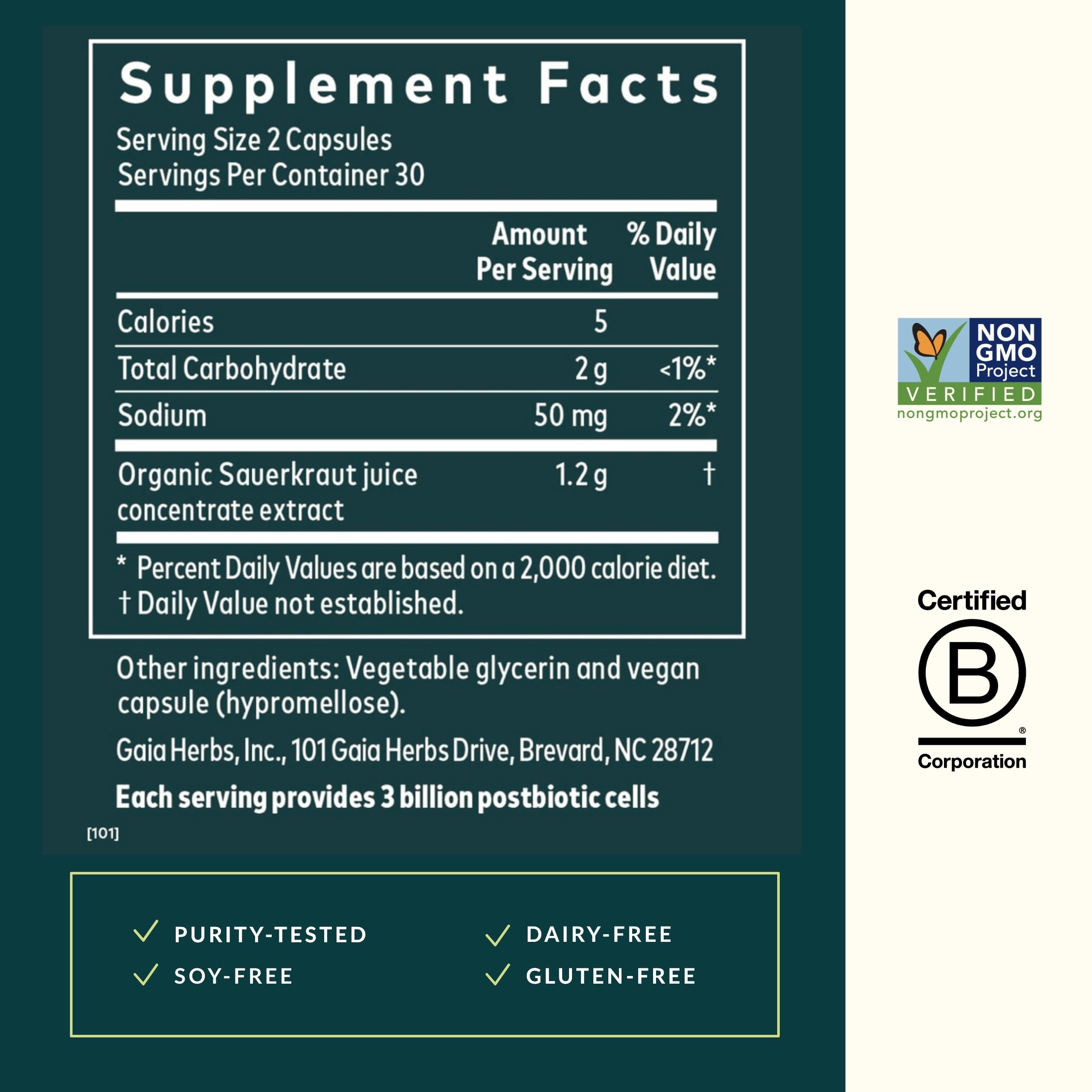Gaia Herbs Sauerkraut Postbiotic – etiquette-emballage, présentation claire et informative.
