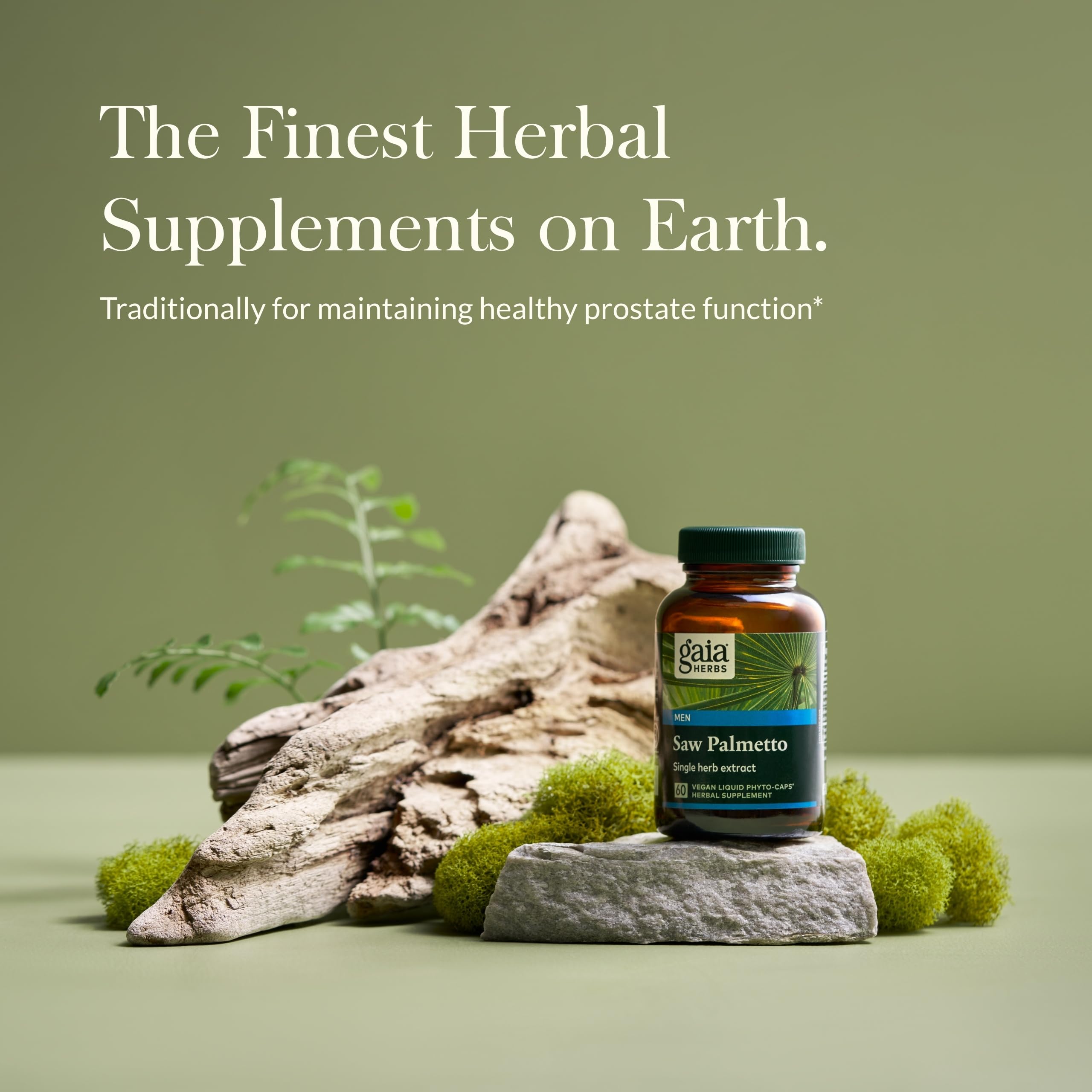 Étiquette Gaia Herbs Saw Palmetto nette, informations claires sur les bénéfices potentiels