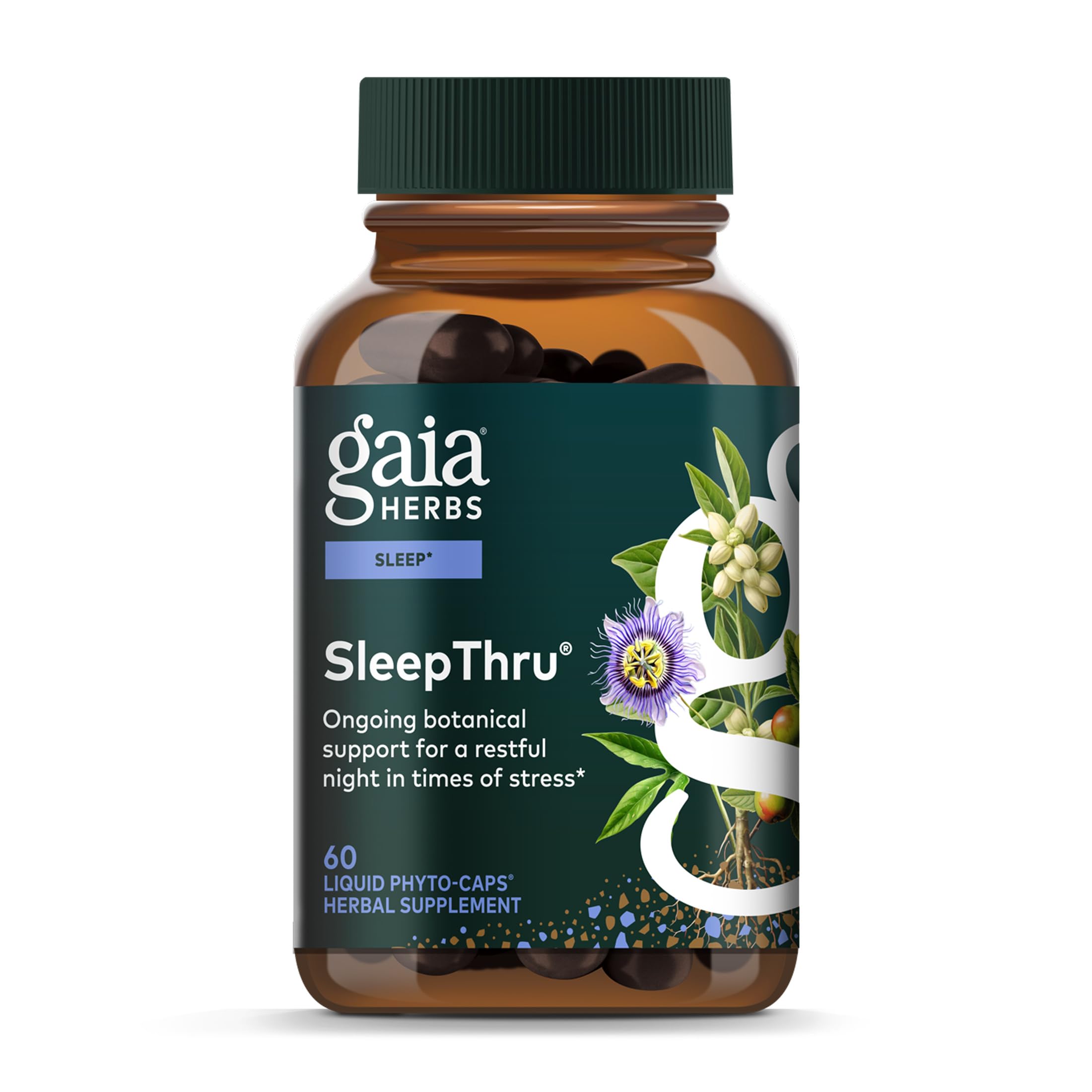 Gaia Herbs SleepThru, bouteille sur étagère, soutien potentiel au sommeil.