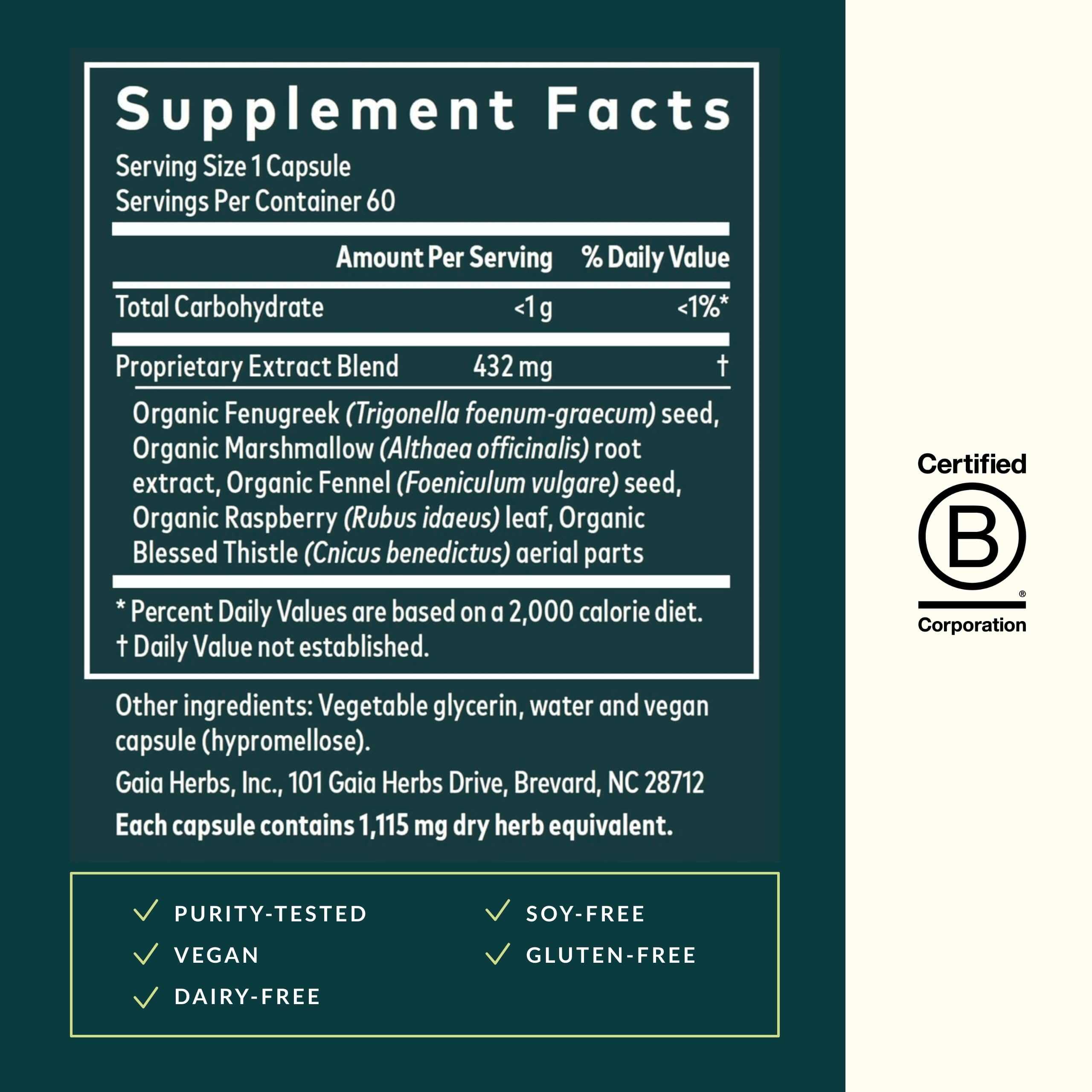 Gaia Herbs Lactation Support – visuels d'ingrédients fenugrec et fenouil, soutien potentiel pendant l'allaitement.